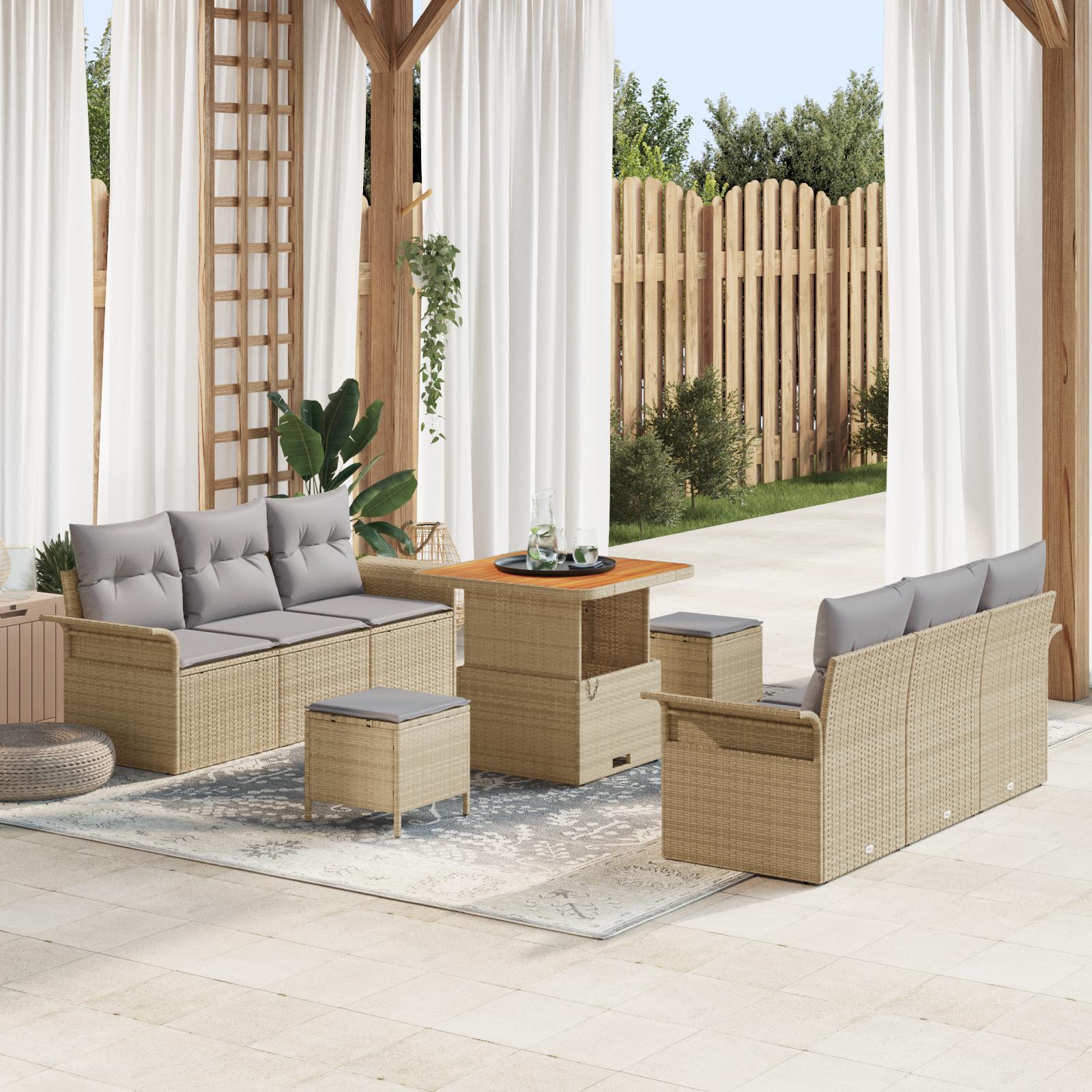 9 Stykke Have Sofa Sæt Med Puder Beige Poly Rattan Akacie 2-sæder Have Sofa Med Puder Beige Poly Rattan 3 Stykke Have Spisesæt Med Puder Beige Poly Rattan Akacie