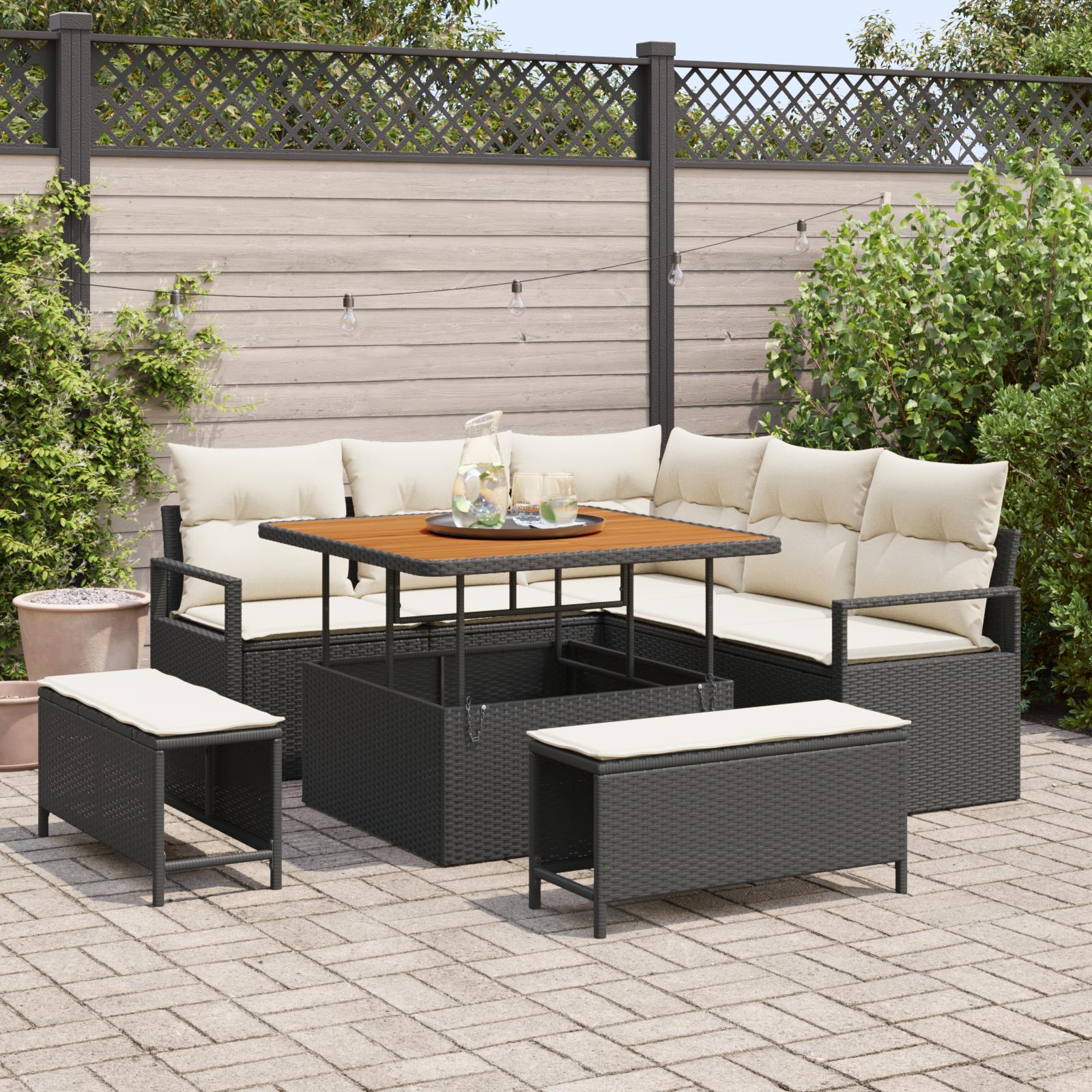 Havesofa Sæt med pude 8 stk Sort og Cream 100 x 100 x 71 cm