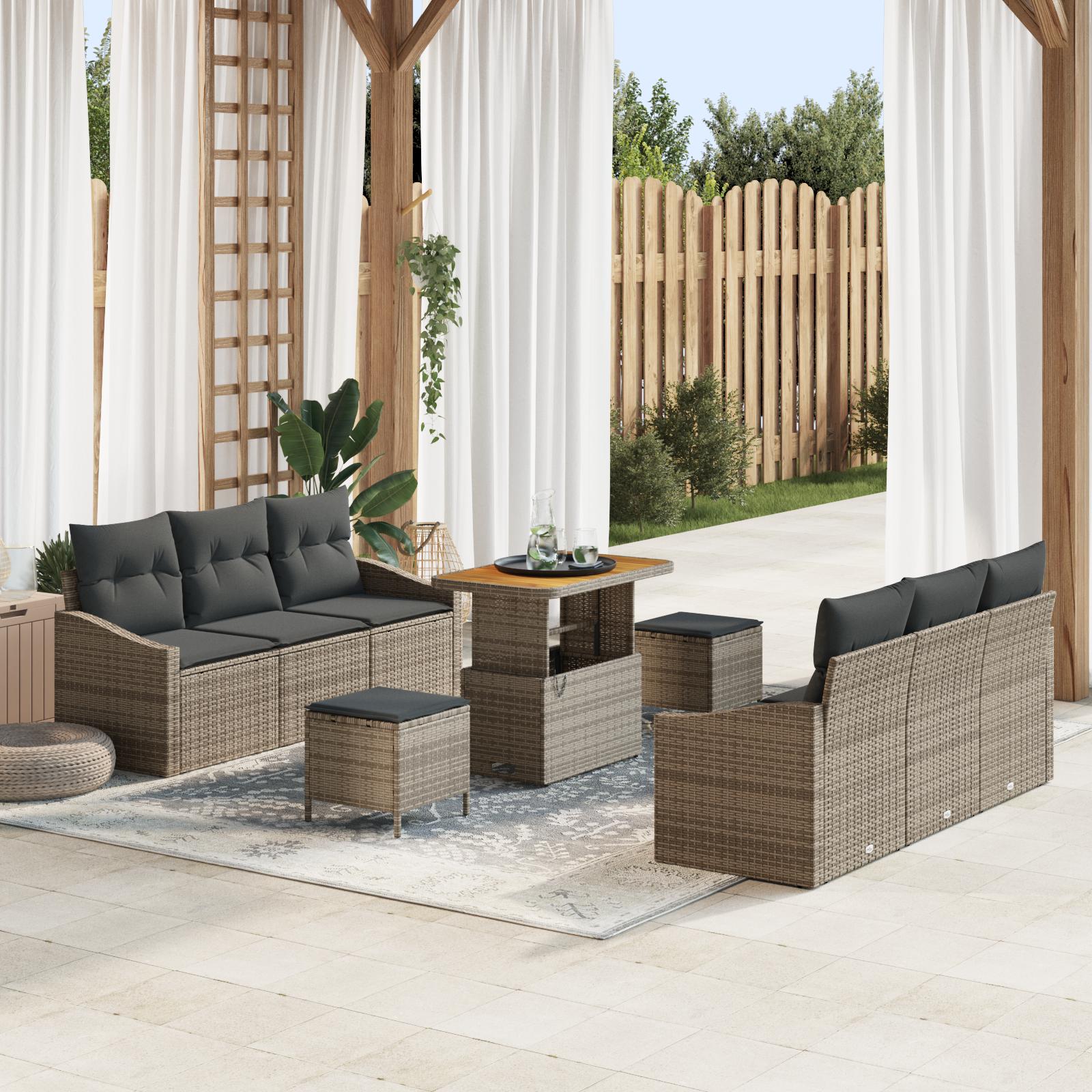 Havesofa sæt 9 dele - grå polyrattan, stål og massivt akacietræ