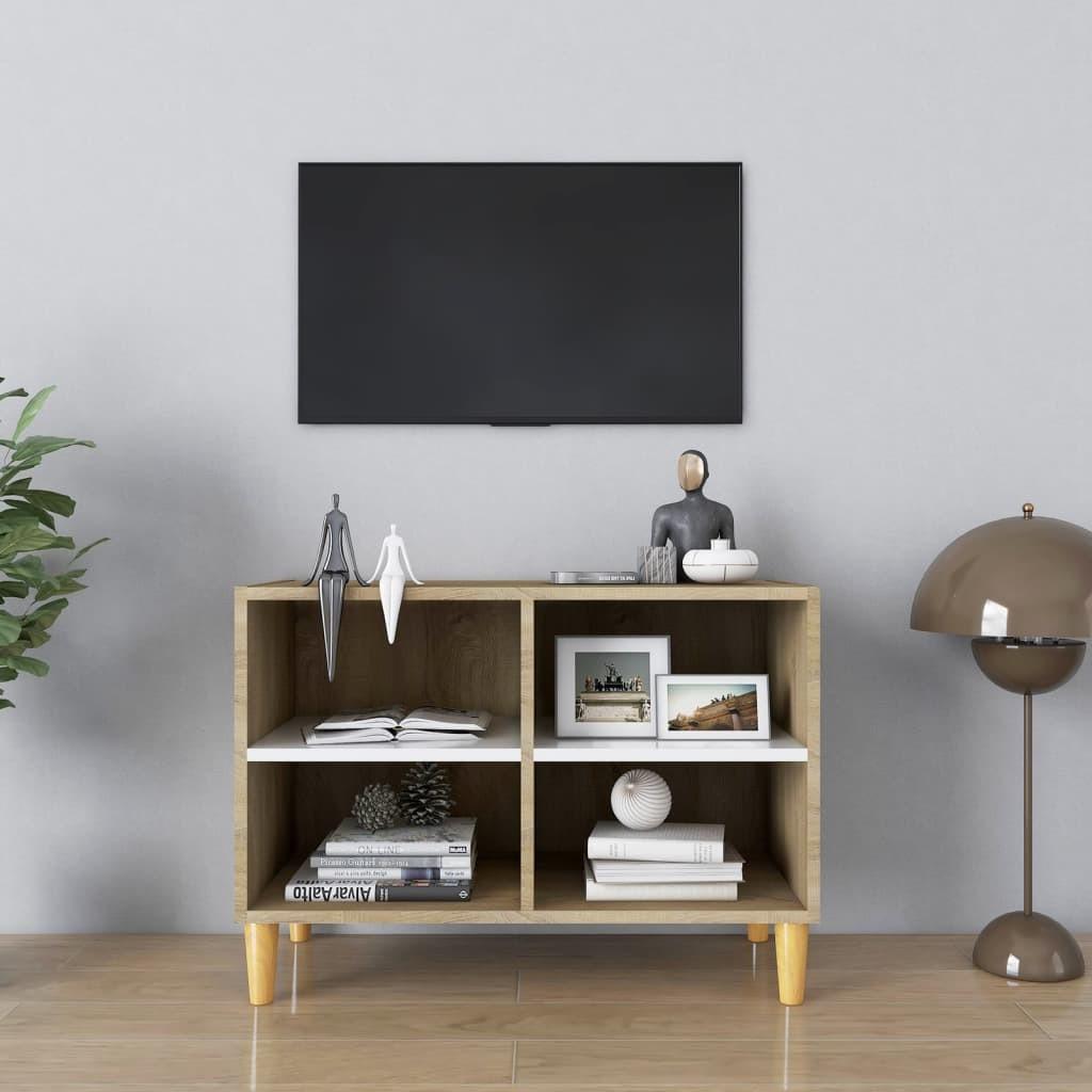 Tv-skab med massive træben 69,5x30x50 cm hvid og sonoma-eg