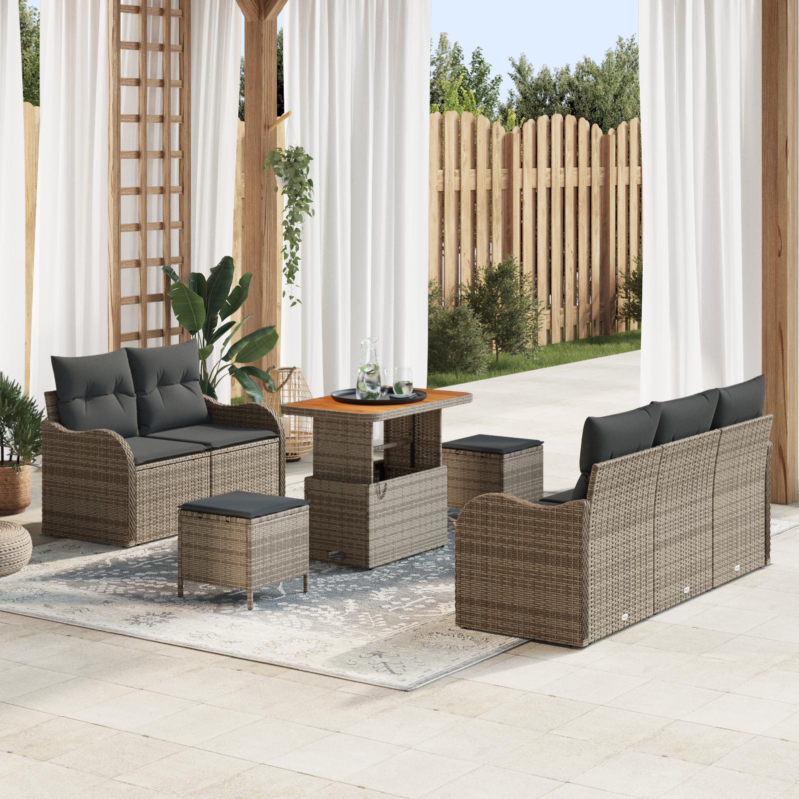 Havesofa sæt med puder - 8 dele i grå polyrattan, modulopbygget med højdejusterbart bord