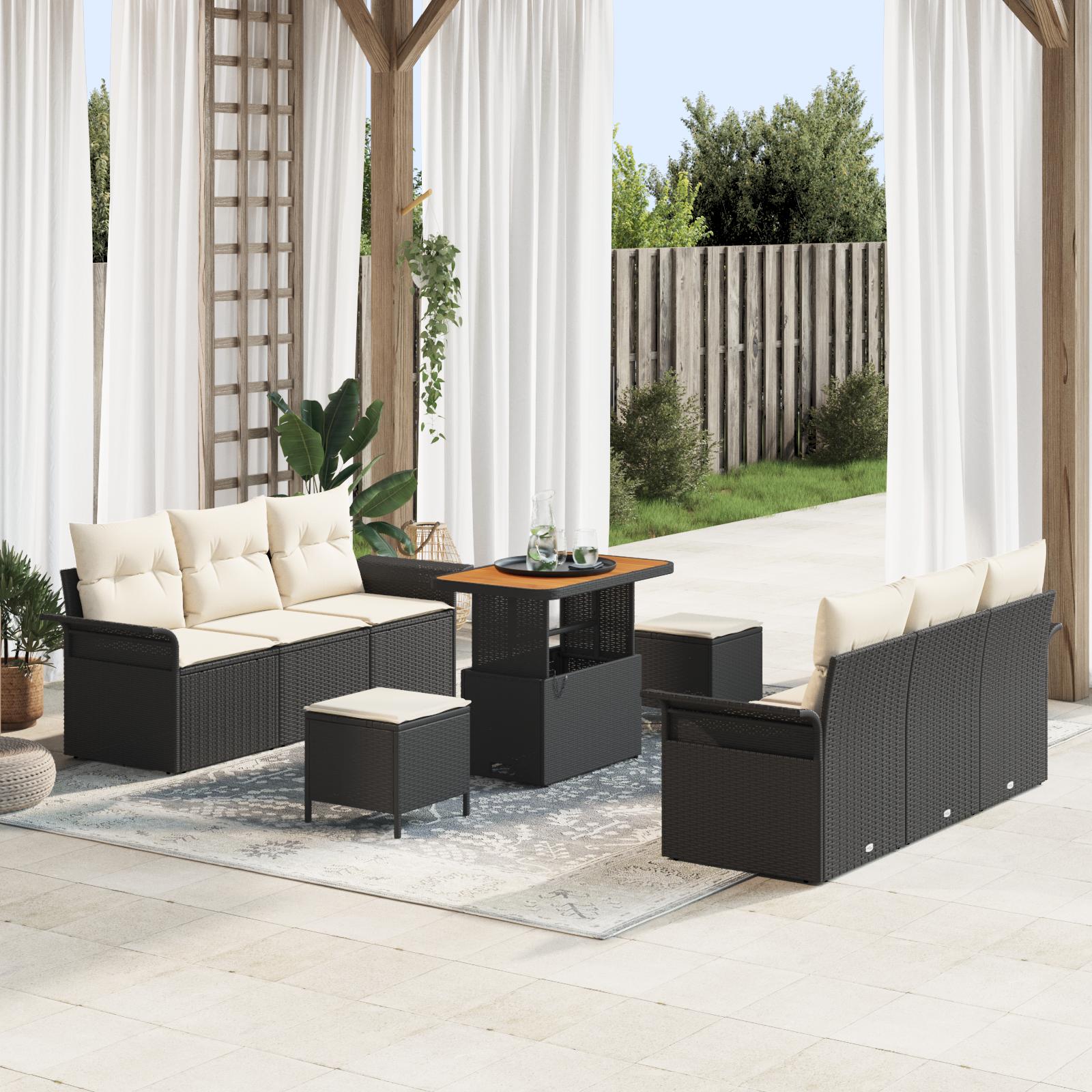 Havesofa-sæt i sort polyrattan med puder - 9 dele, højdejusterbart bord