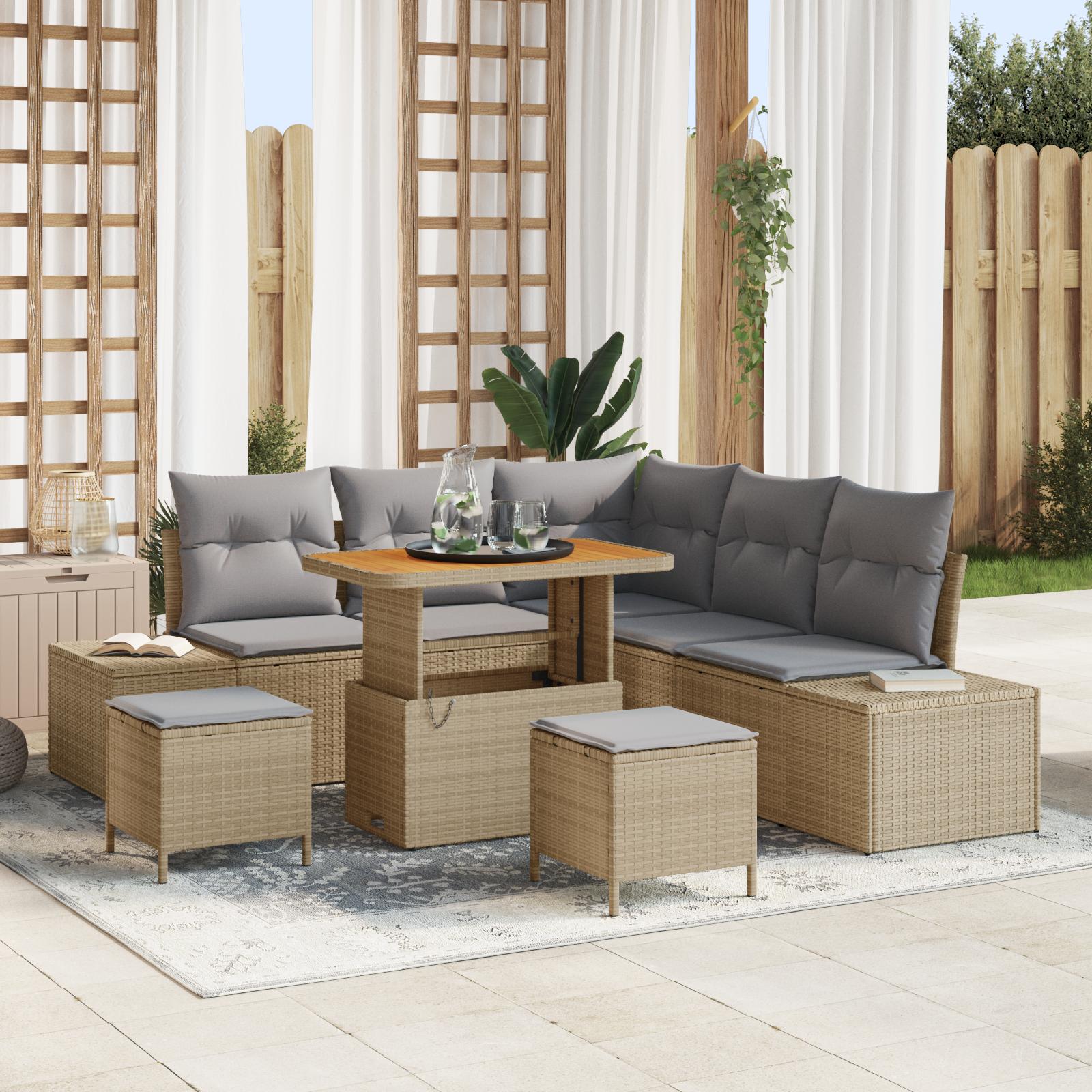 Havesofa Sæt Med Pude 8 Dele Polyrattan - Beige / Lysegrå / 90 cm bordlængde