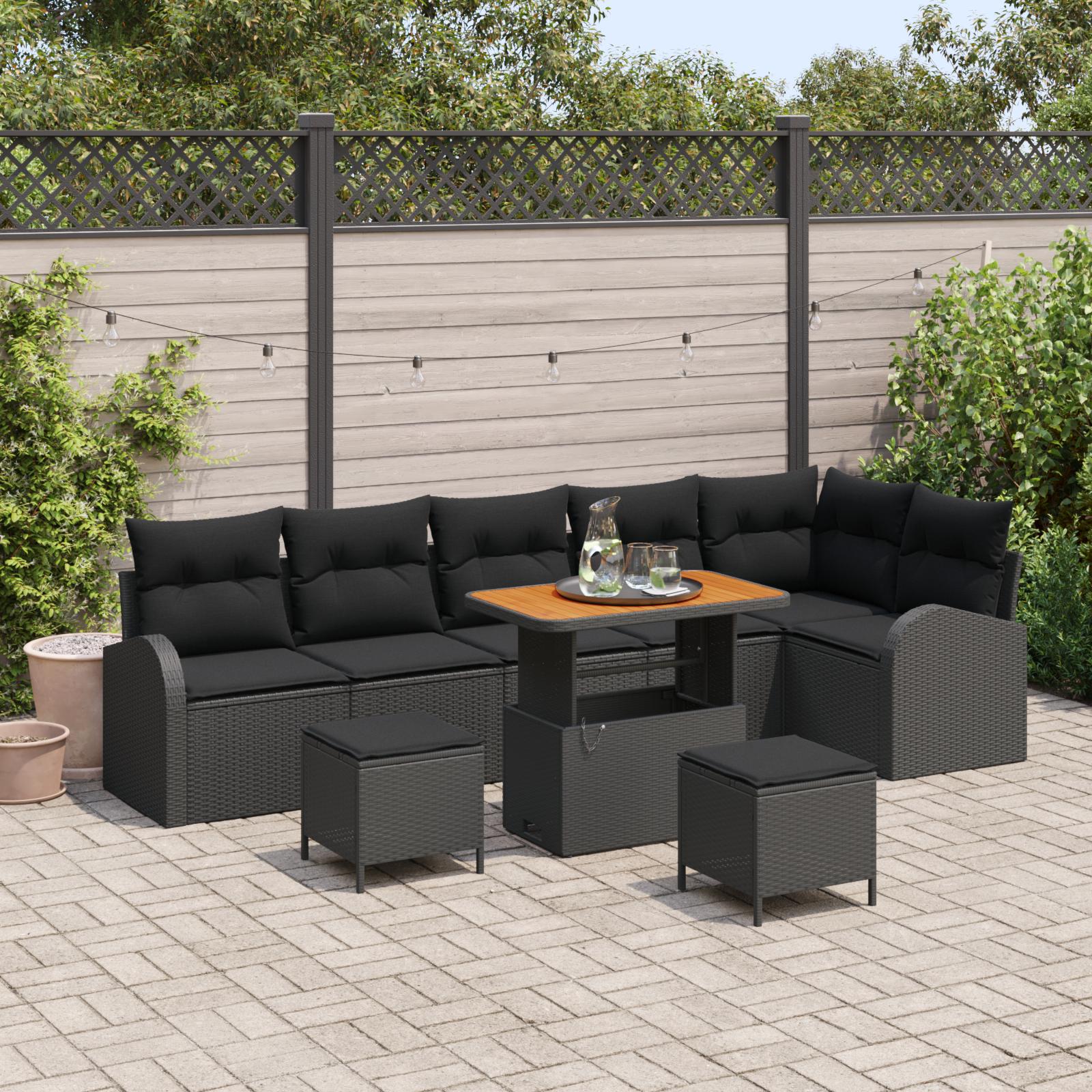 Havesofa Sæt med pude med opbevaring 9 stk Sort 90 x 55 x 71 cm