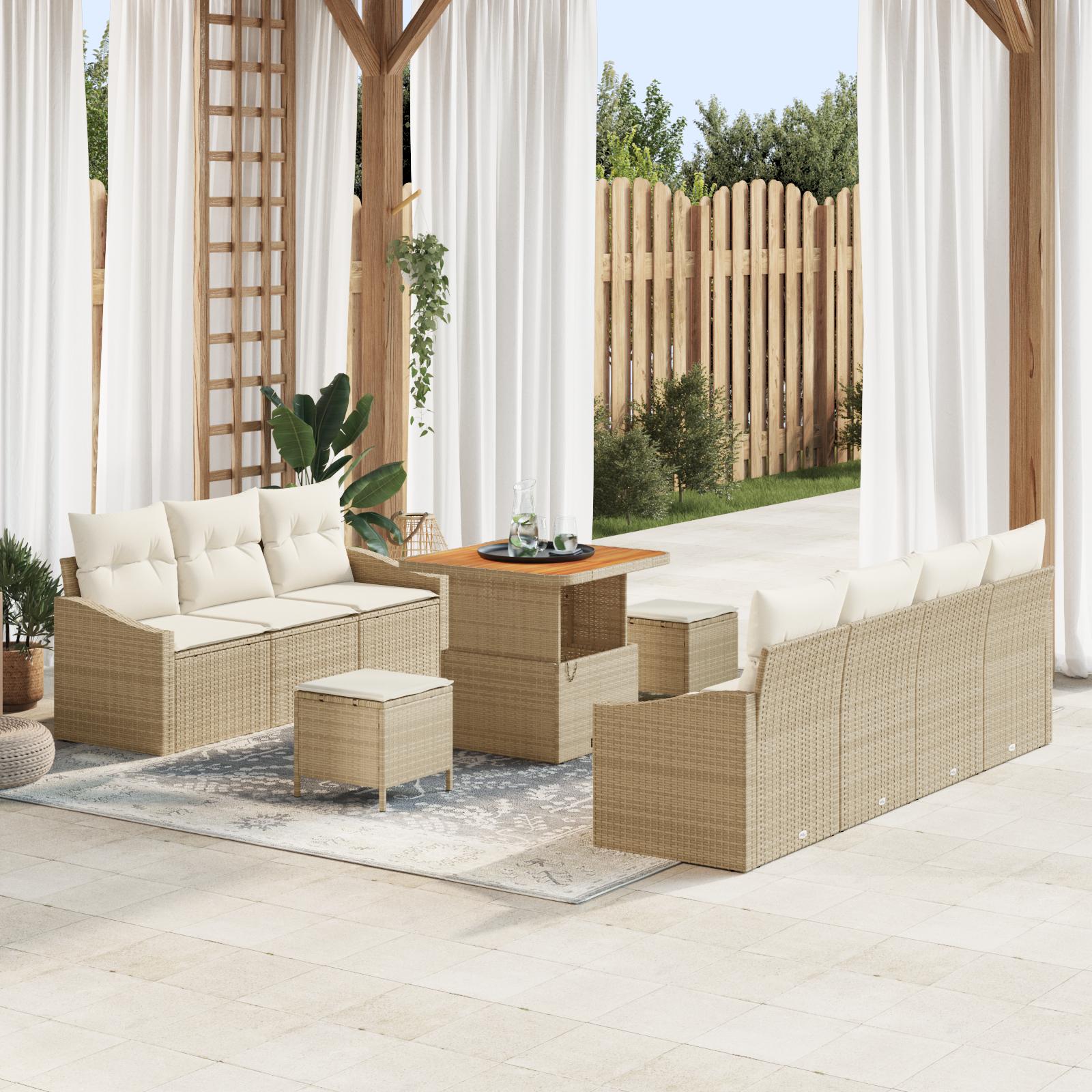 Havesofa sæt med puder 10 dele i beige polyrattan