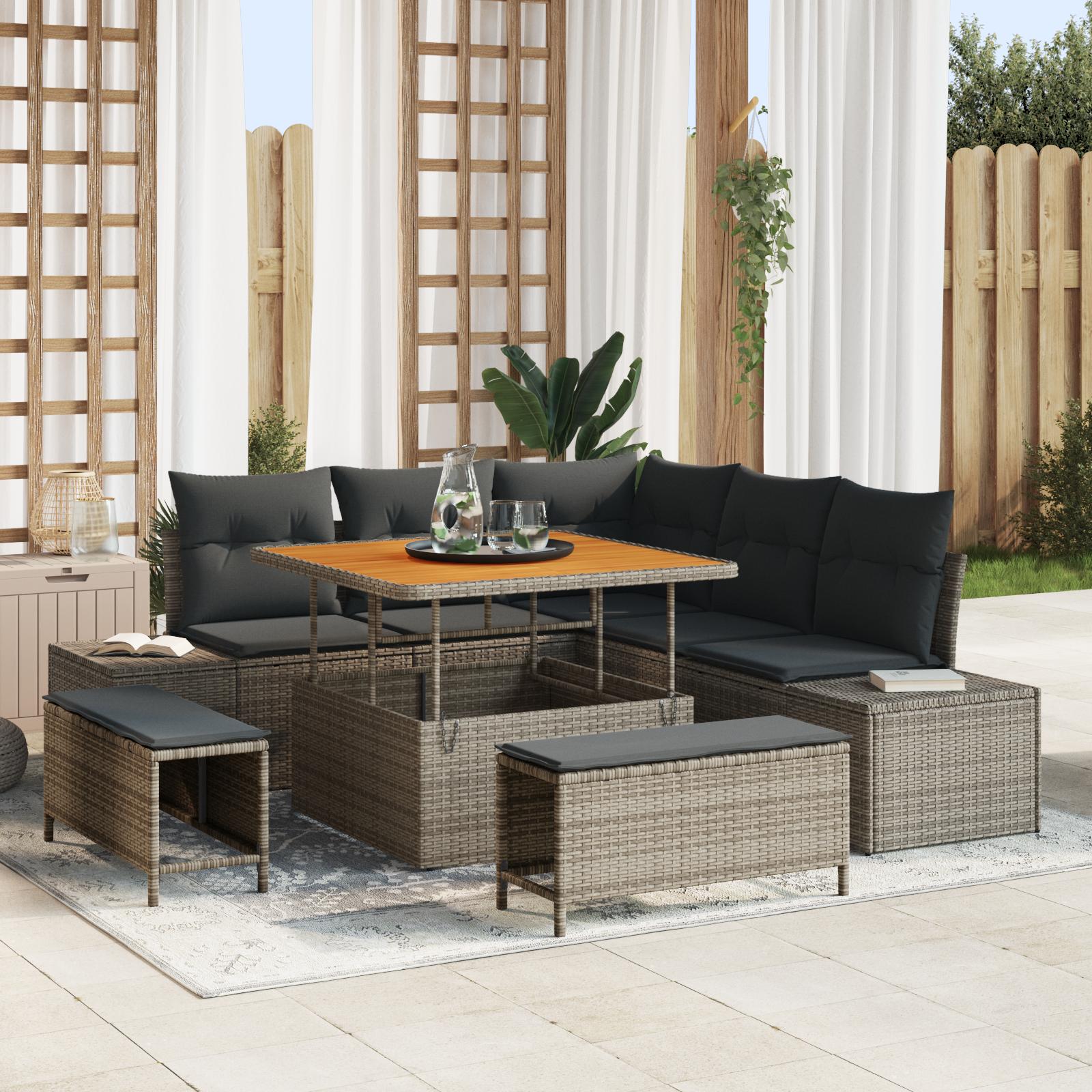 Havesofa-sæt i grå polyrattan - 8 dele med puder og hæve/sænke-bord
