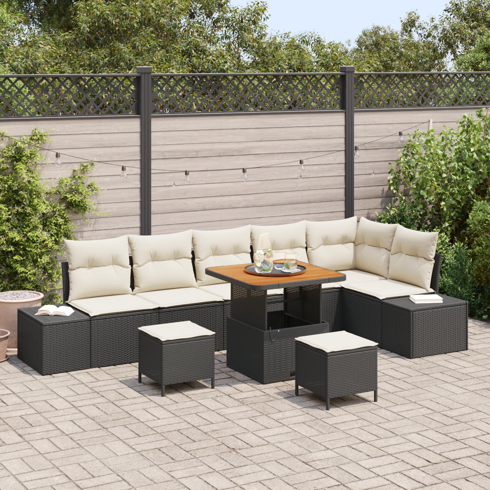 Havesofa Sæt Med Pude 9 Dele Polyrattan - Sort / Cremehvid / 80 cm bordlængde