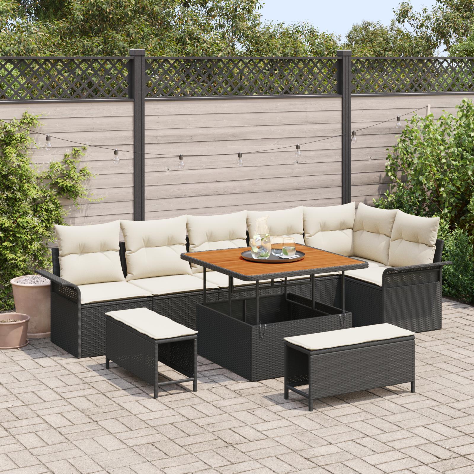 Havesofa Sæt med pude 9 stk Sort og Cream 100 x 100 x 71 cm