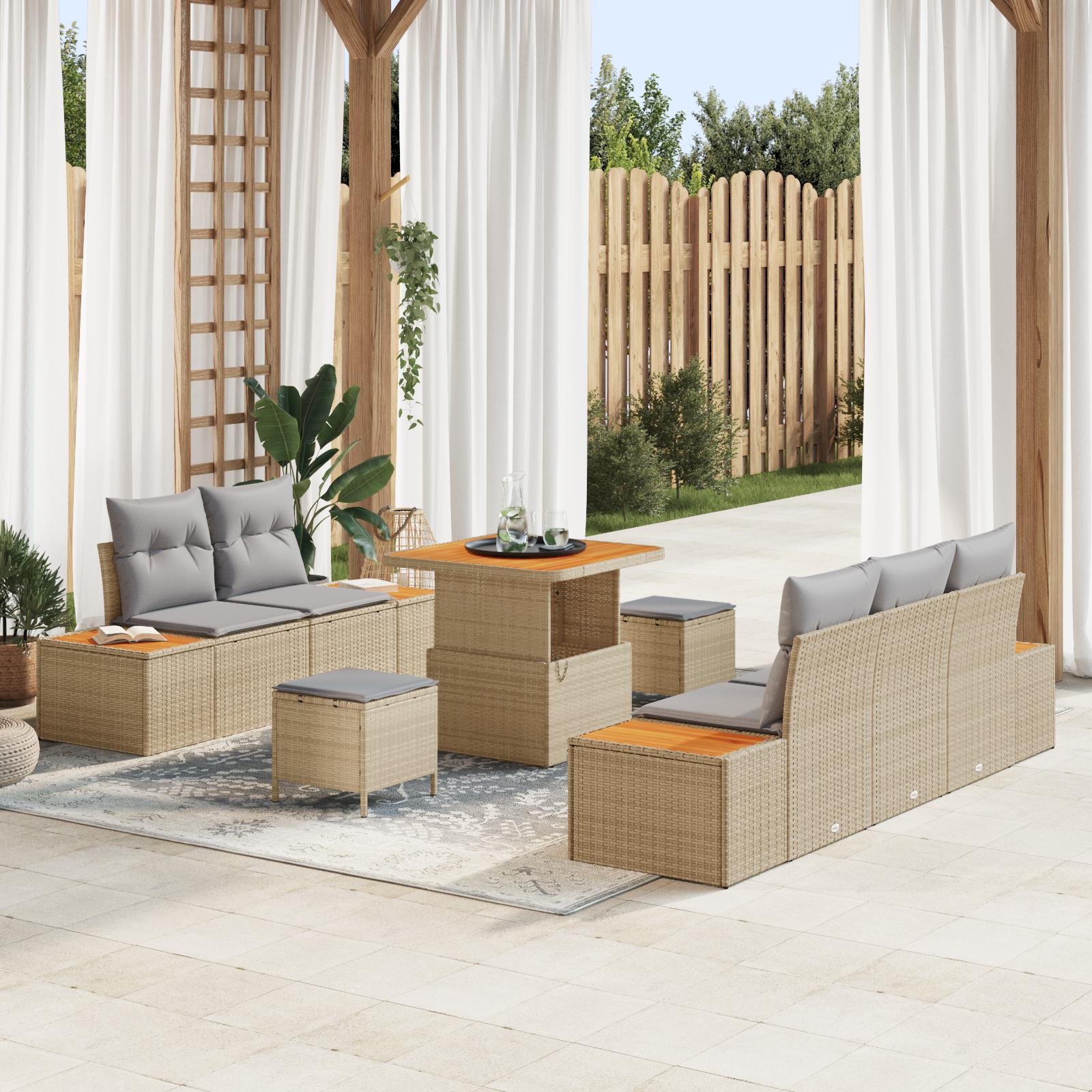 Havesofa sæt i beige polyrattan - 8 dele, modulært loungesæt til terrasse og have