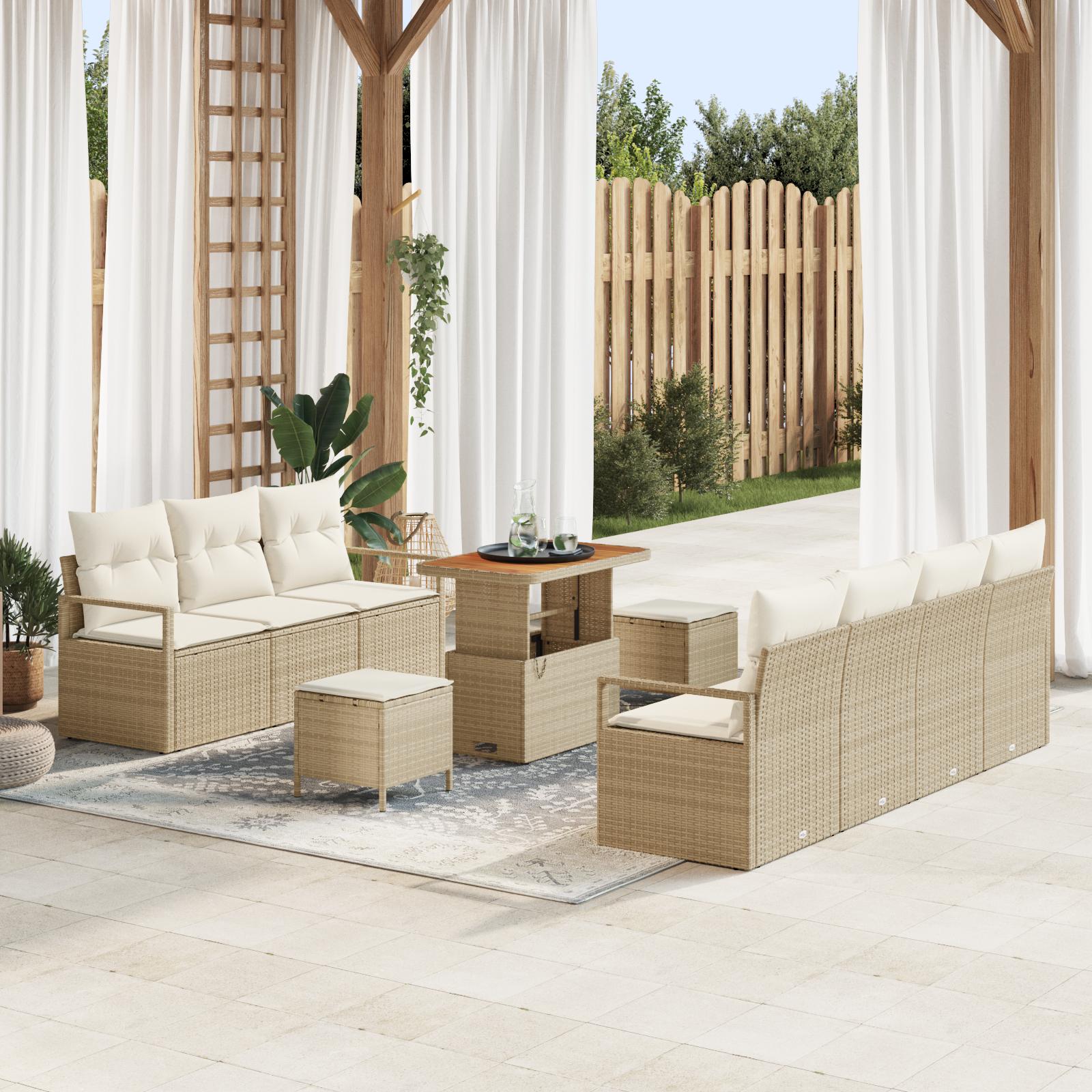 Havesofa sæt 10 stk med puder og højdejusterbart bord i beige polyrattan