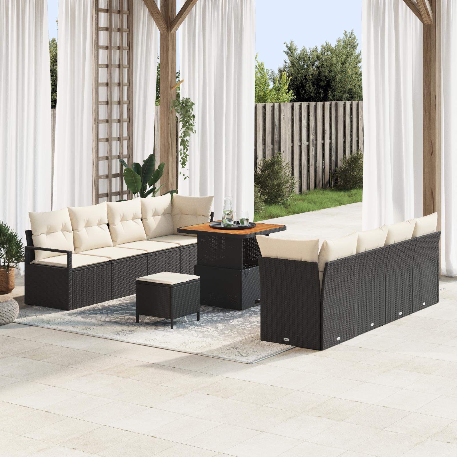 11 Stykker Havsofa Sæt Med Puder Sort Poly Rattan Akacietræ 2-sæders Hav Sofa Med Opbevaring & Puder Sort Poly Rattan 3 Stykker Hav Spisestue Sæt Med Puder Sort Poly Rattan Akacietræ