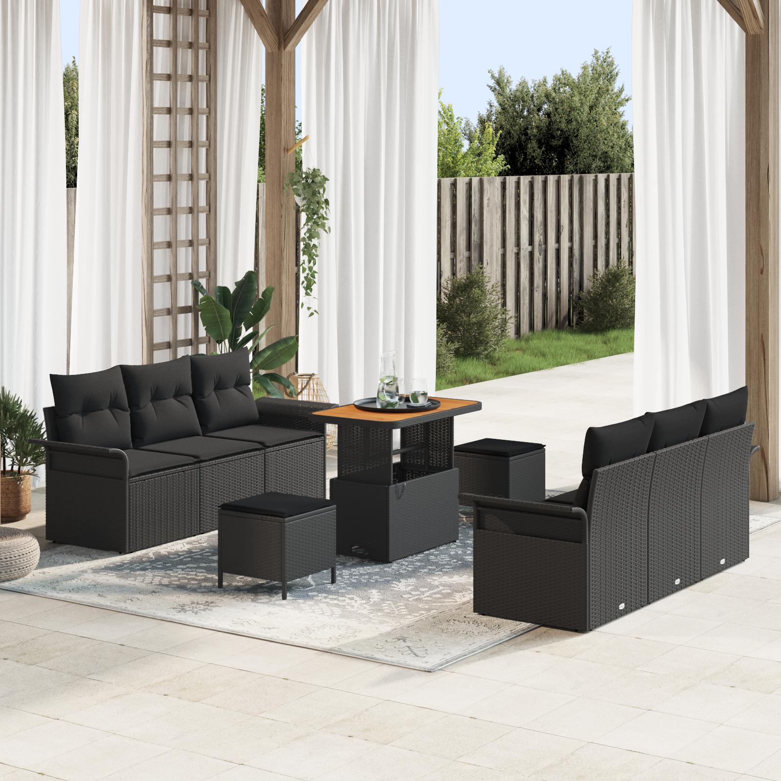 Havesofa Sæt 9 pcs Sort Polyrattan, stål og massivt akacietræ