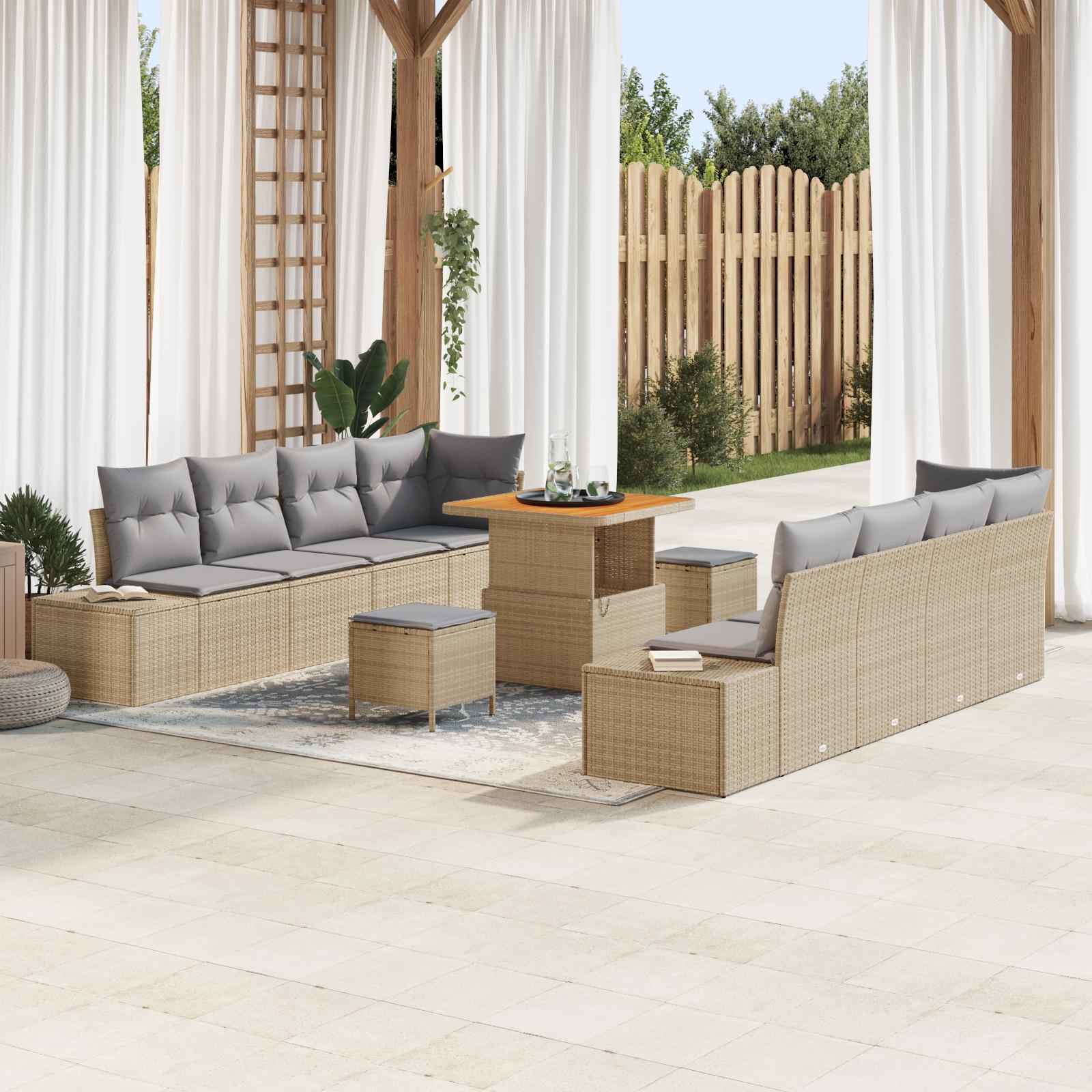 11 Stykke Have Sofa Sæt Med Puder Beige Poly Rattan Akacietræ 2-sæders Have Sofa Med Puder Beige Poly Rattan 3 Stykke Have Spisebord Sæt Med Puder Beige Poly Rattan Akacietræ