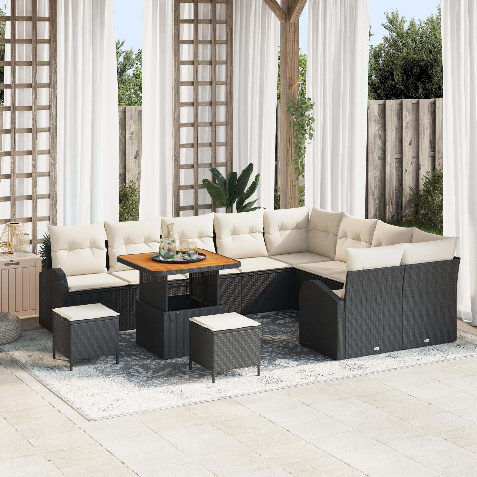 12 Stykke Have-sofa Sæt Med Puder Sort Poly Rattan Akacietræ 3 Stykke Have Spisebord Sæt Med Puder Sort Poly Rattan Akacietræ 2-personers Have-sofa Med Puder Sort Poly Rattan