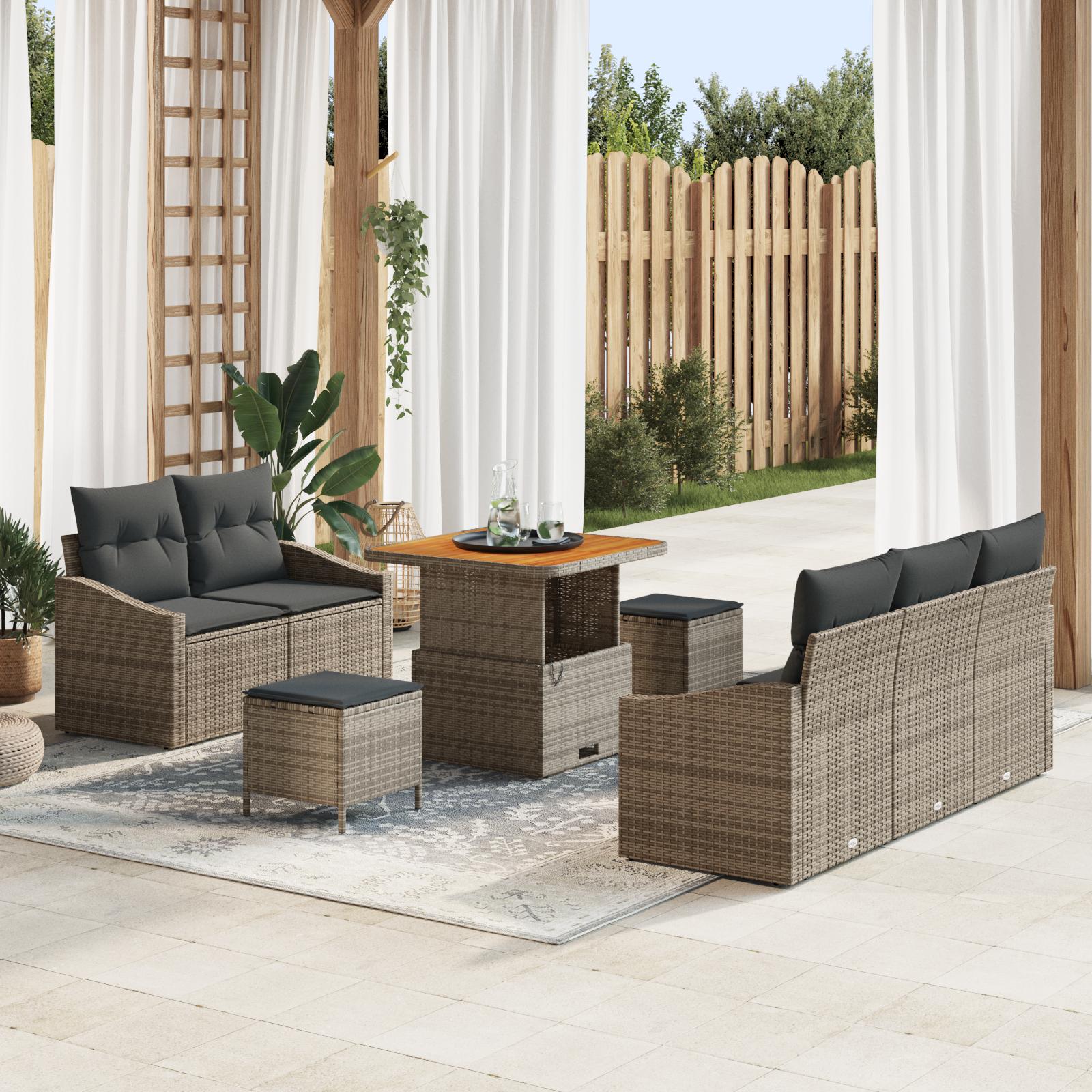 8-delt Have Sofa Sæt Med Puder Grå Poly Rattan Akacie 2-personers Have Sofa Med Puder Grå Poly Rattan 3-delt Have Spisesæt Med Puder Grå Poly Rattan Akacie