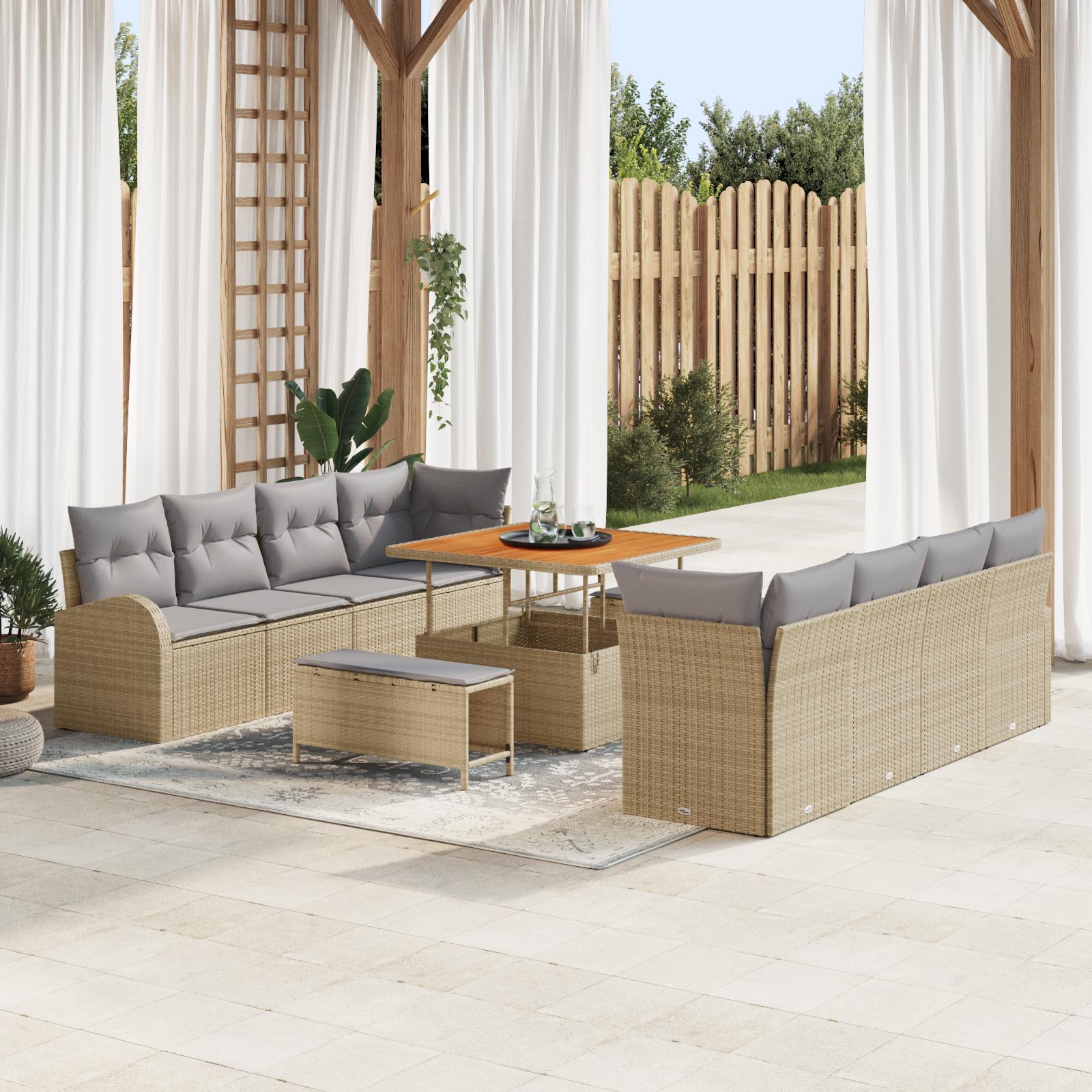 11 Delers Havemøbel Sæt Med Puder Beige Poly Rattan Akacia 2 Sæders Havemøbel Med Puder Beige Poly Rattan 3 Delers Spise Sæt Med Puder Beige Poly Rattan Akacia
