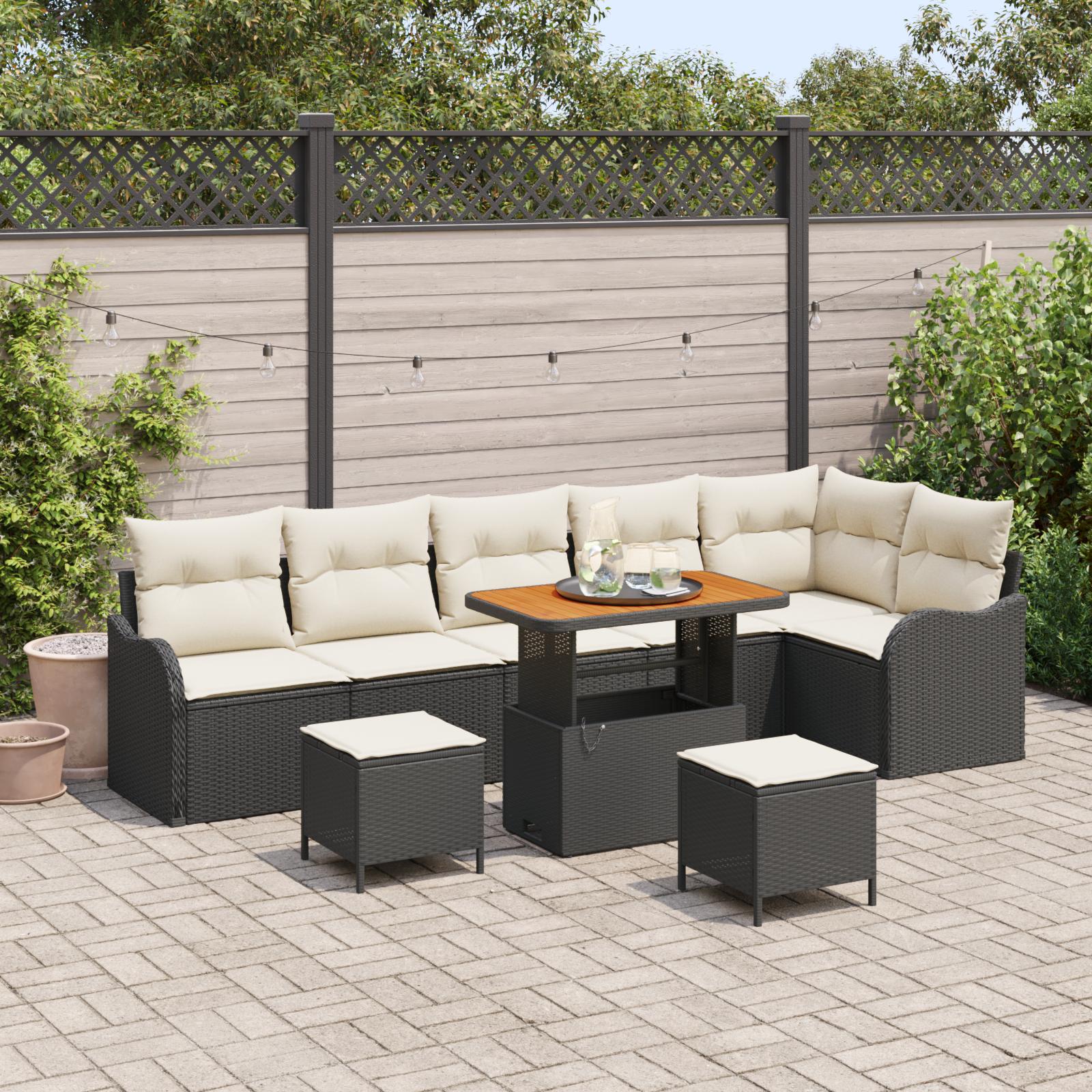 Havesofa Sæt med pude 9 stk Sort og Cream 90 x 55 x 71 cm