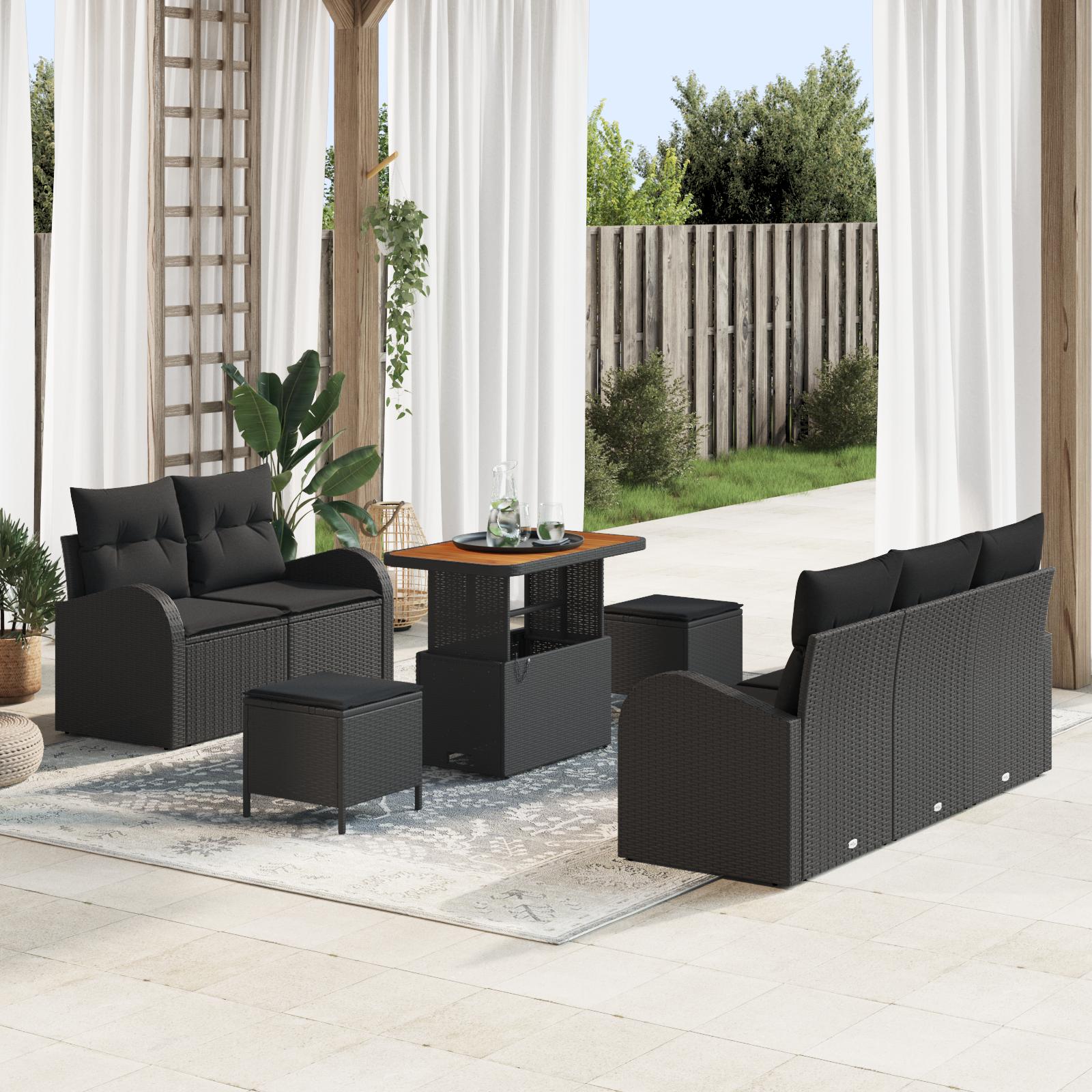 Havesofa Sæt med pude med opbevaring 8 stk Sort 90 x 55 x 71 cm
