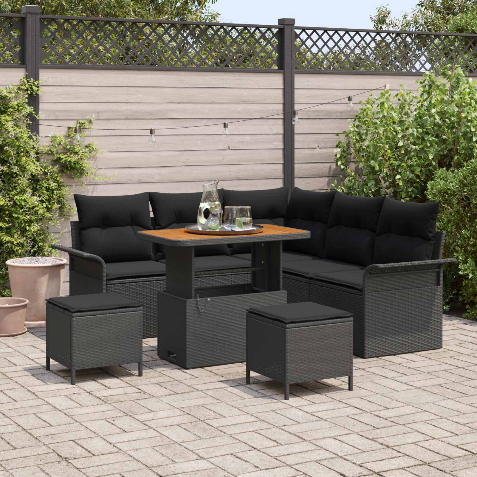 Havesofa SÃ¦t 8 stk Sort Polyrattan, stÃ¥l og massivt akacietrÃ¦
