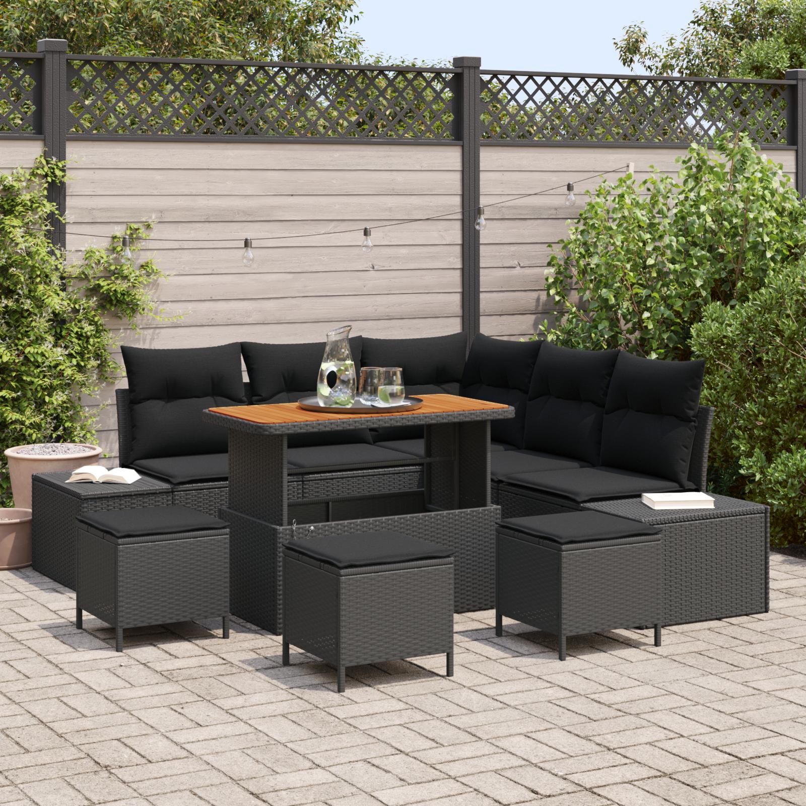Havesofa sæt med puder 9 stk i sort polyrattan