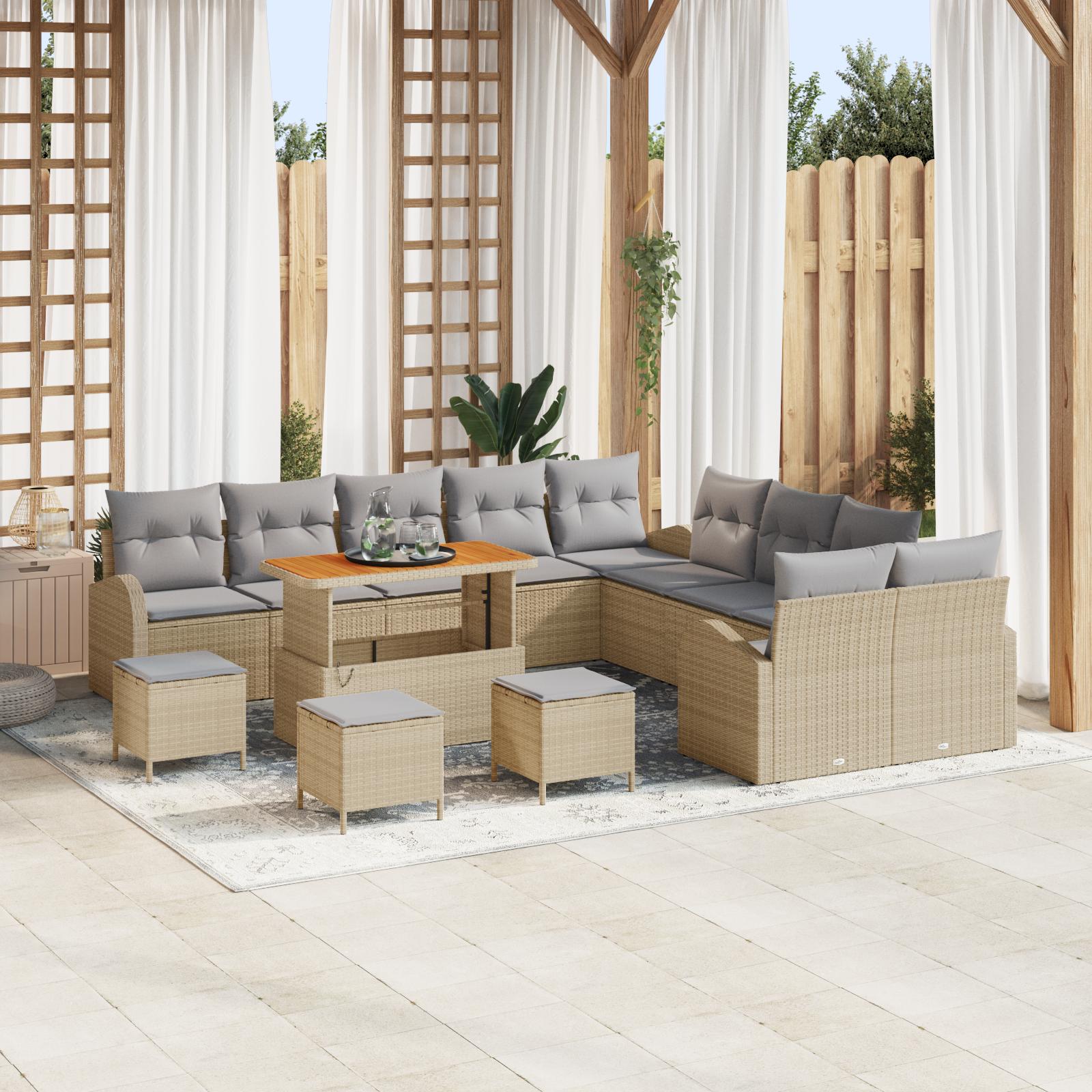 Havesofa-sæt med puder, 14 dele - beige polyrattan, modulært med højdejusterbart bord