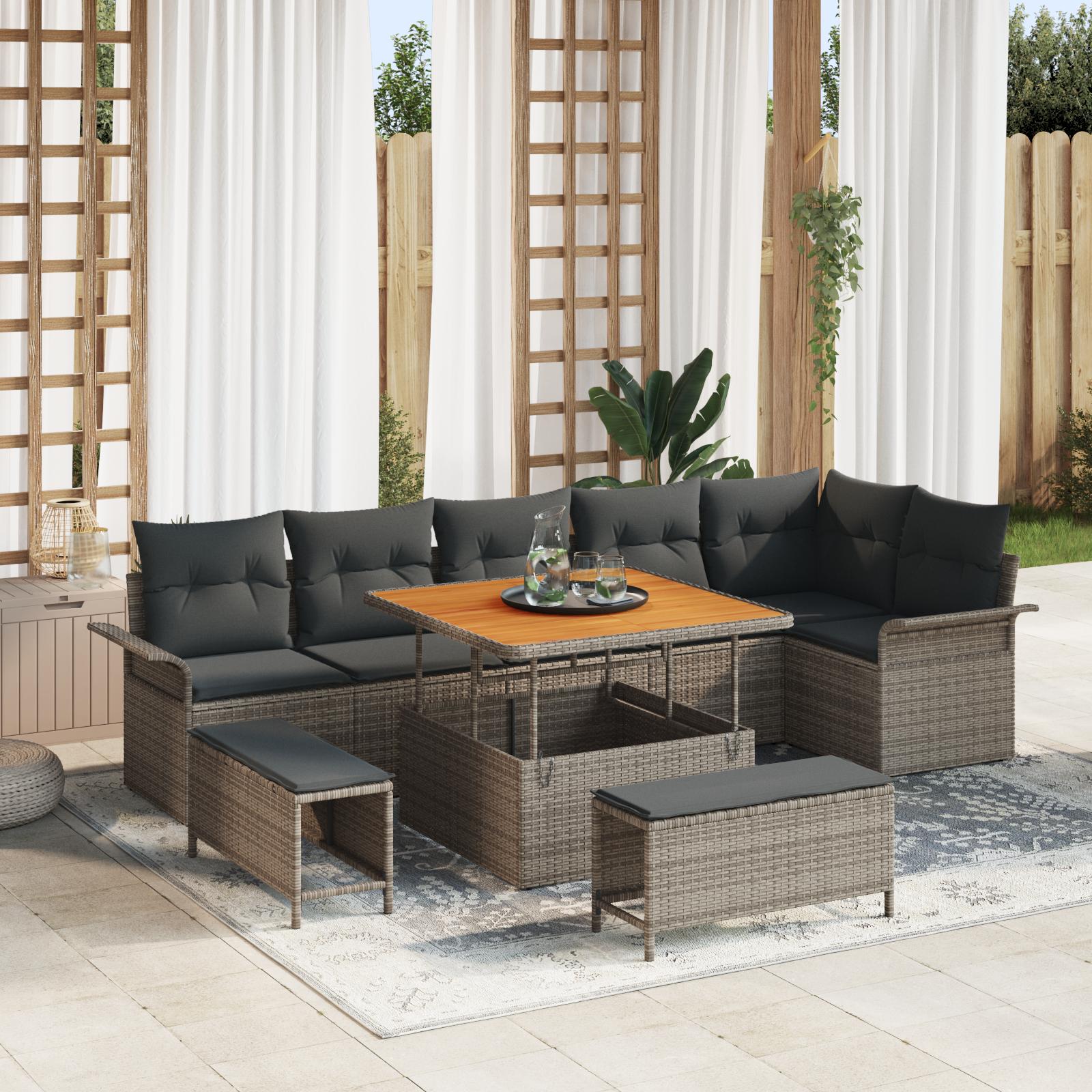 Havesofa sæt med puder i grå polyrattan - 9 dele, modulært loungesæt med højdejusterbart bord