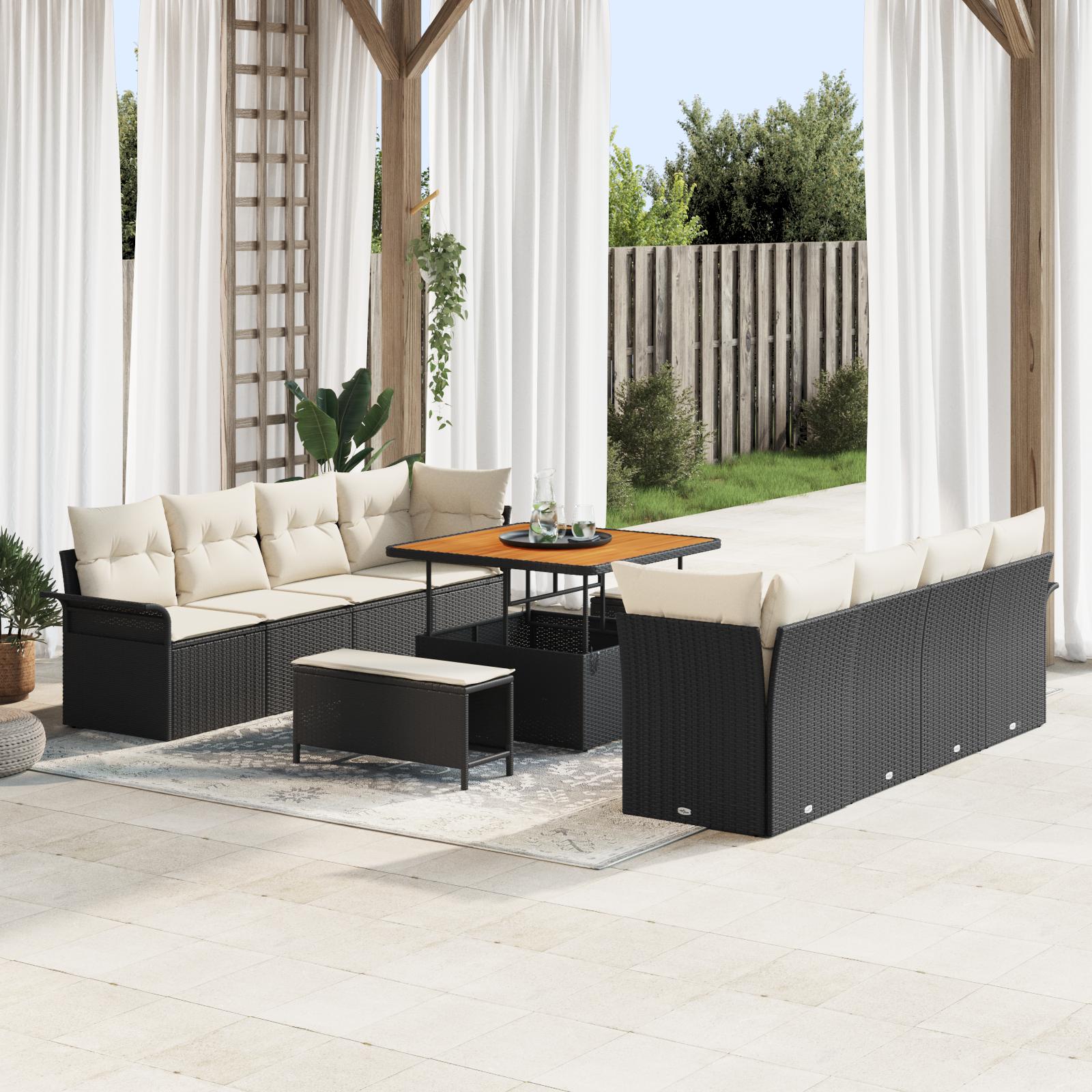 Havesofa-sæt med puder - 11 dele i sort polyrattan og akacietræsbord
