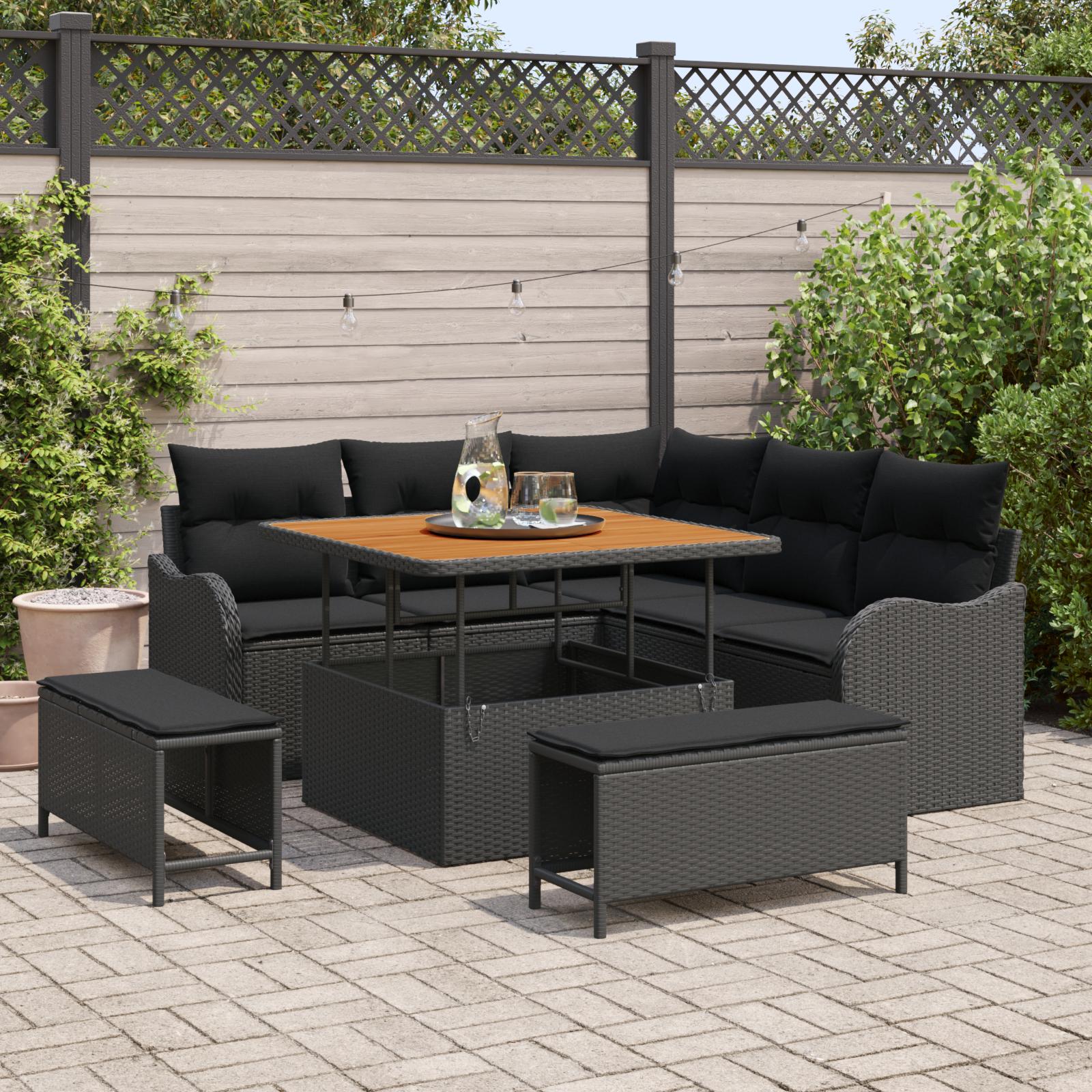 Havesofa sæt med puder 8 dele i sort polyrattan