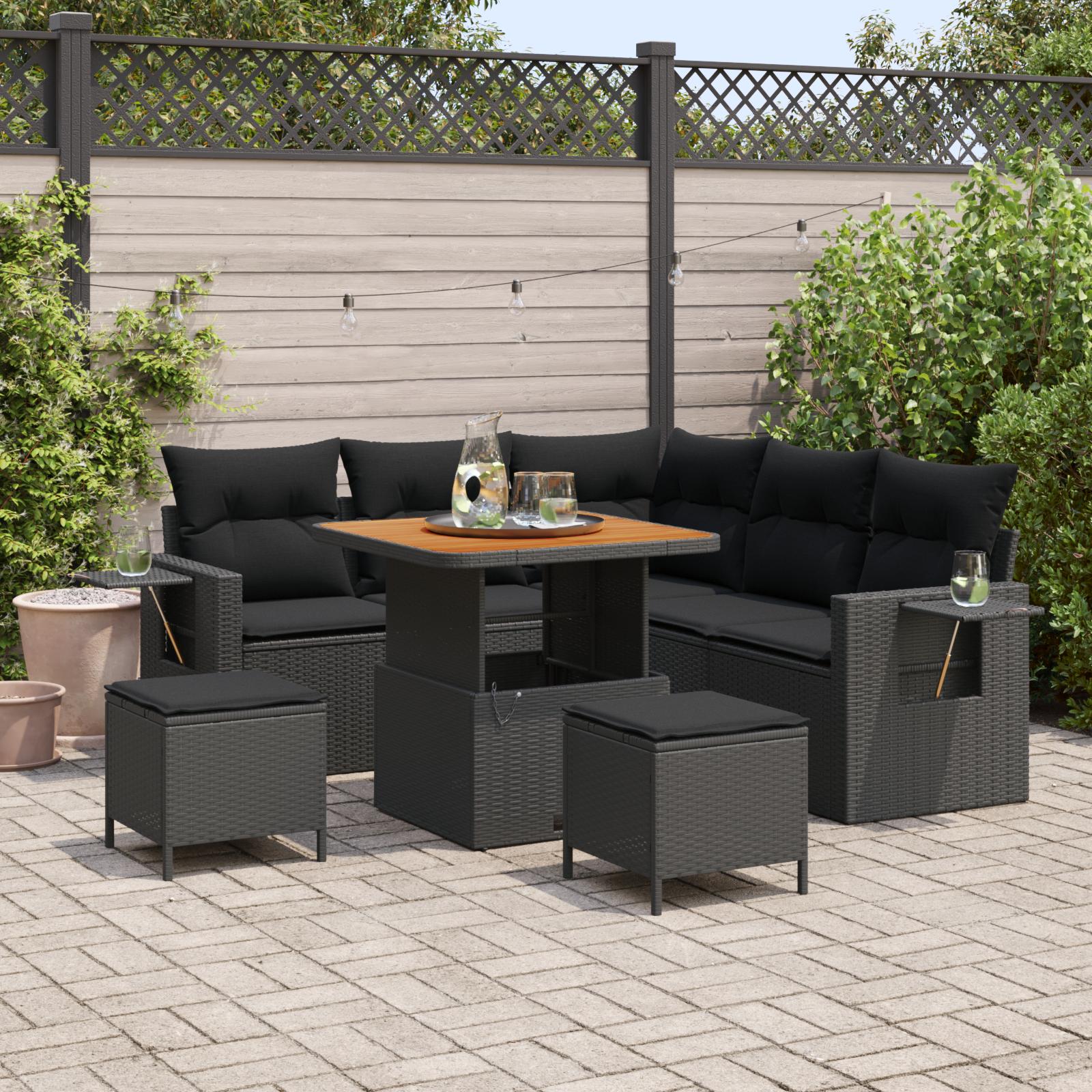 Havesofa sæt med puder 8 stk i sort polyrattan