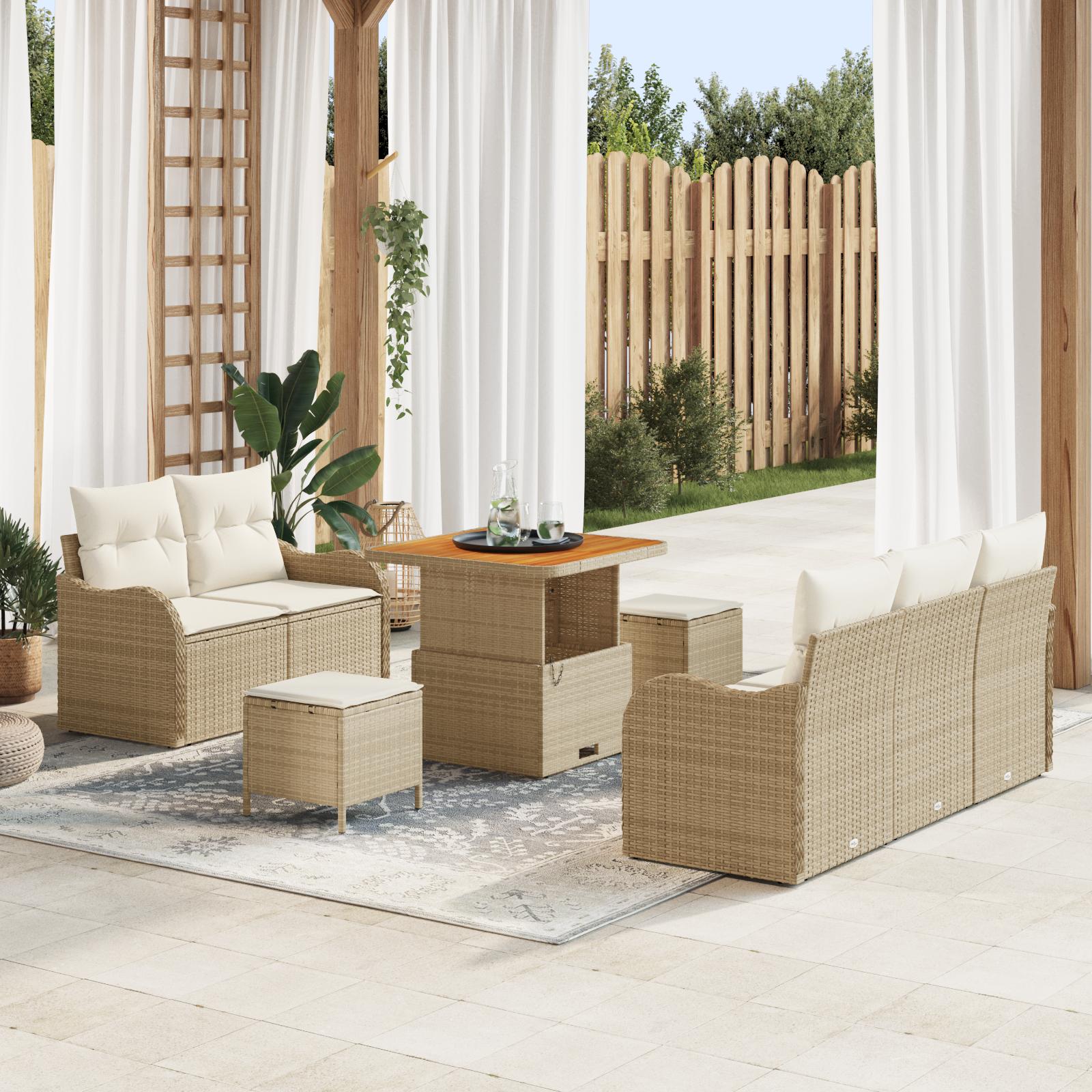 8 Stykker Have Sofa Sæt Med Pudebetræk Beige Poly Rattan Akacie 2-sæders Have Sofa Med Pudebetræk Beige Poly Rattan 3 Stykke Have Spisesæt Med Pudebetræk Beige Poly Rattan Akacie