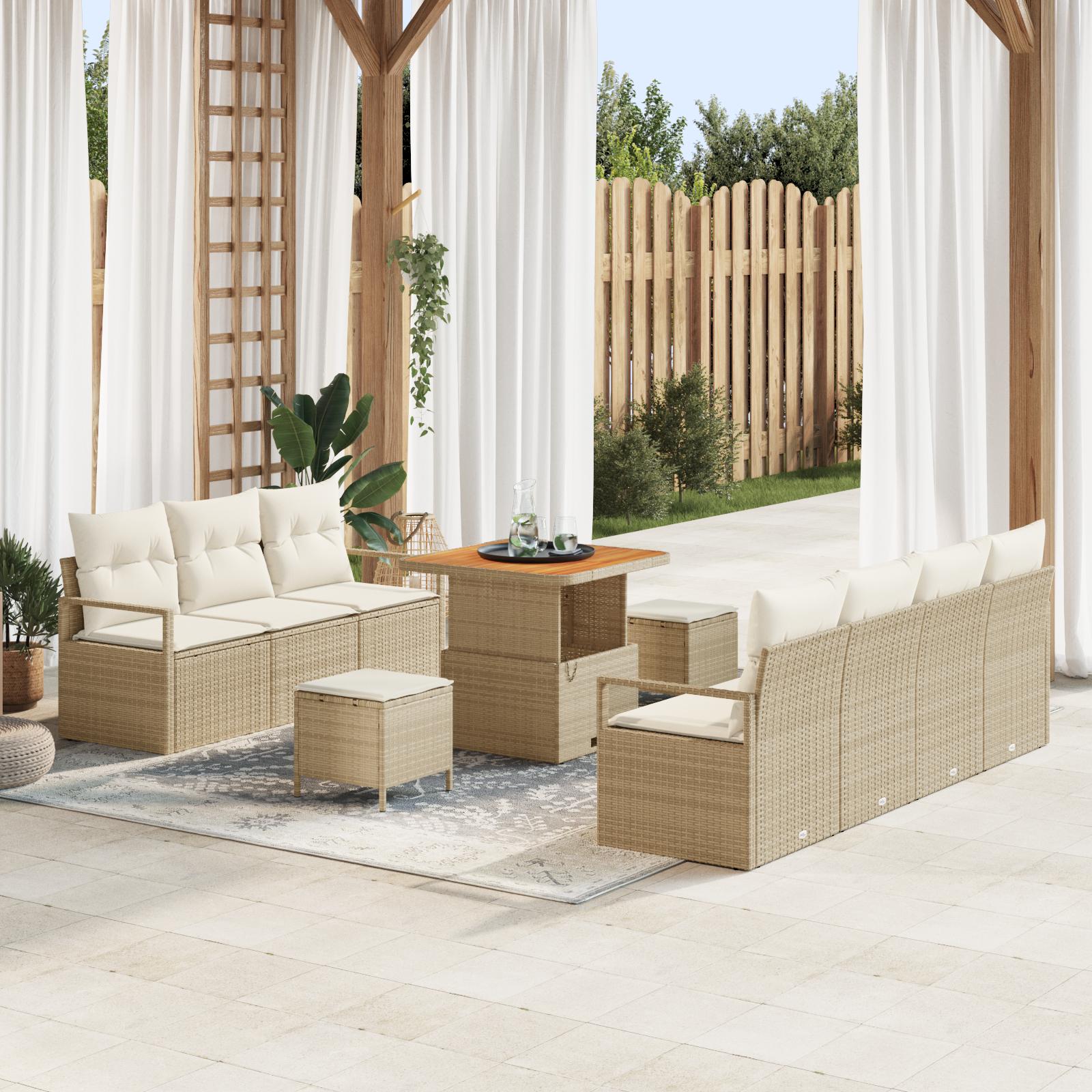 Havesofa sæt med puder 10 stk beige polyrattan