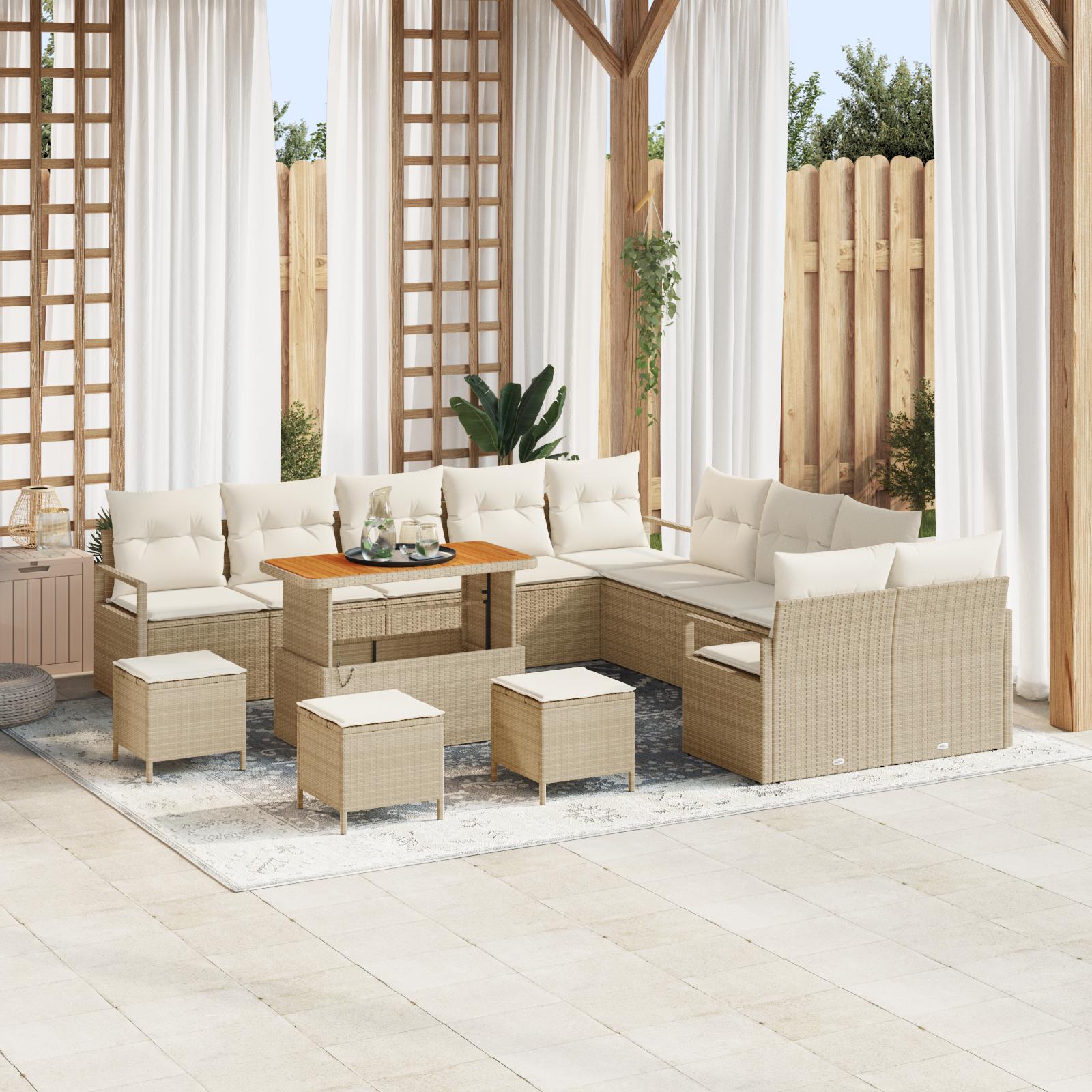 14 Delers Have Sofa Sæt Med Puder Beige Poly Rattan Akacietræ 2 Sæders Have Sofa Med Puder Beige Poly Rattan 4 Delers Have Spisesæt Med Puder Beige Poly Rattan Akacietræ