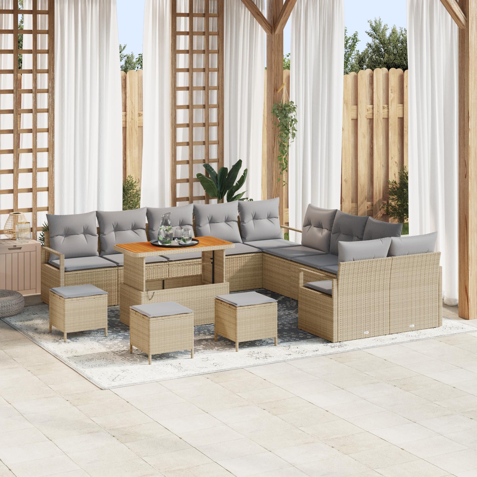 Havesofa sæt i beige polyrattan - 14 dele med justerbart bord