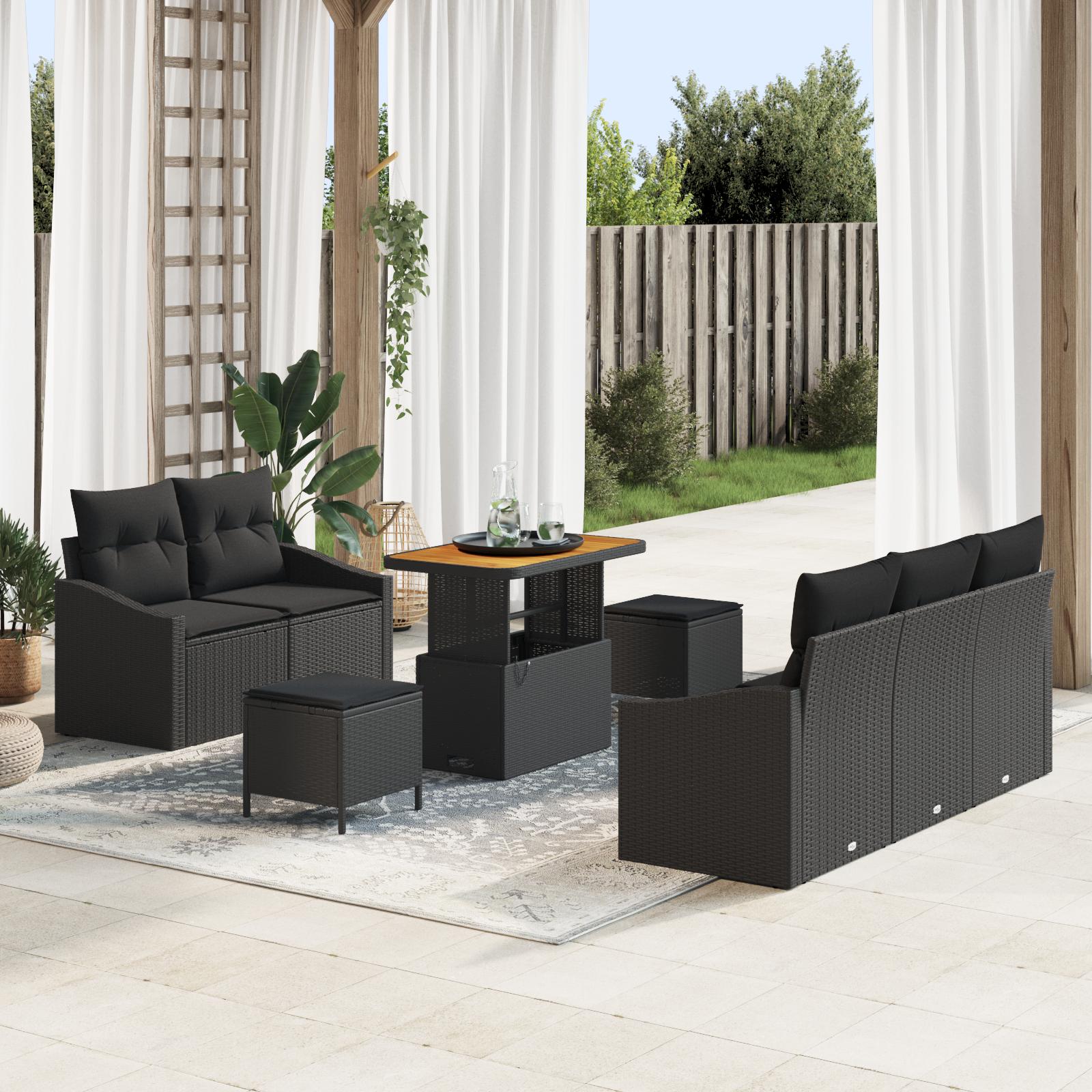Havesofa sæt med puder 8 stk sort polyrattan
