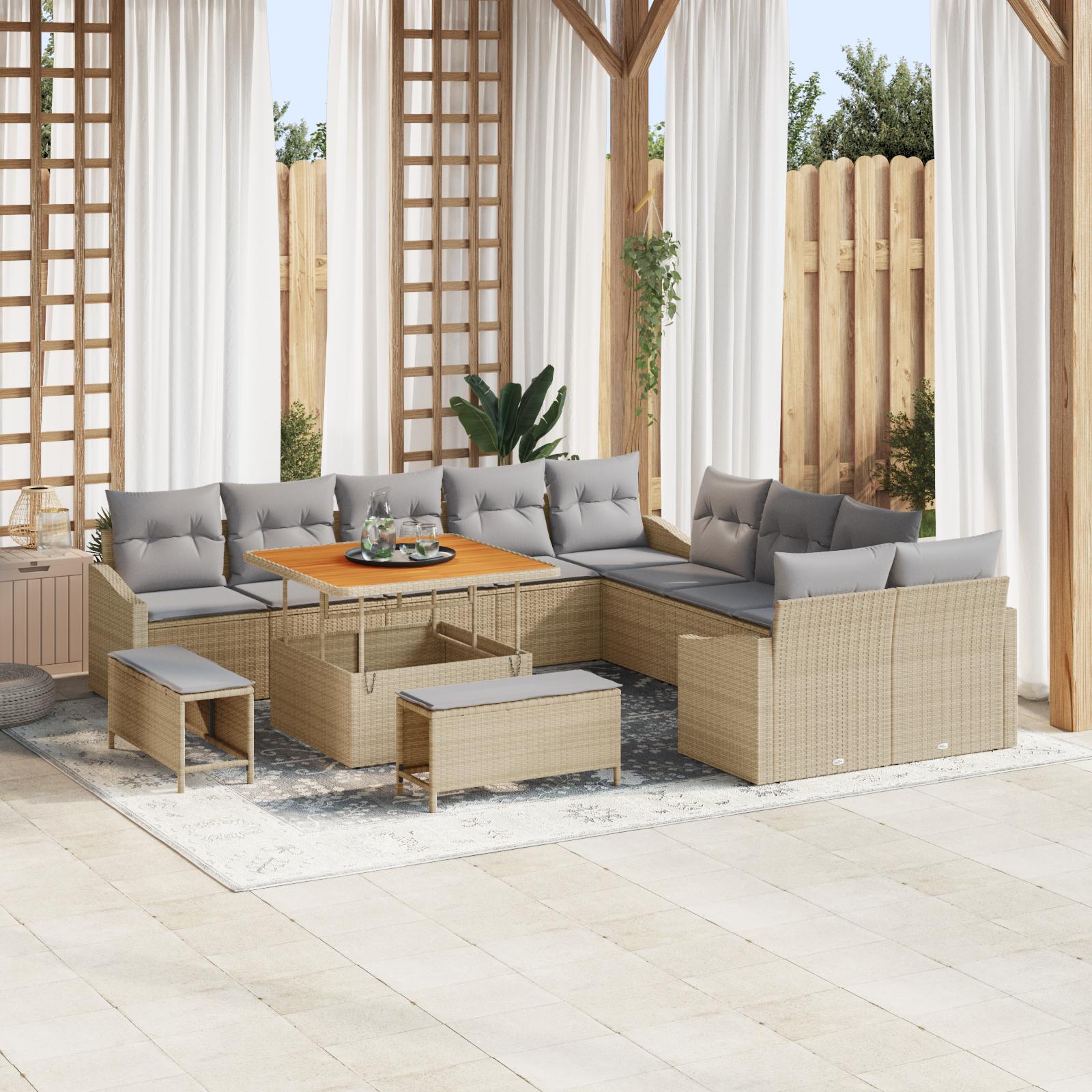 13 Stykker Havemøbel Sofa Sæt Med Puder Beige Poly Rattan Akacietræ 2-personers Havemøbel Sofa Med Puder Beige Poly Rattan 3 Stykker Havemøbel Spisesæt Med Puder Beige Poly Rattan Akacietræ