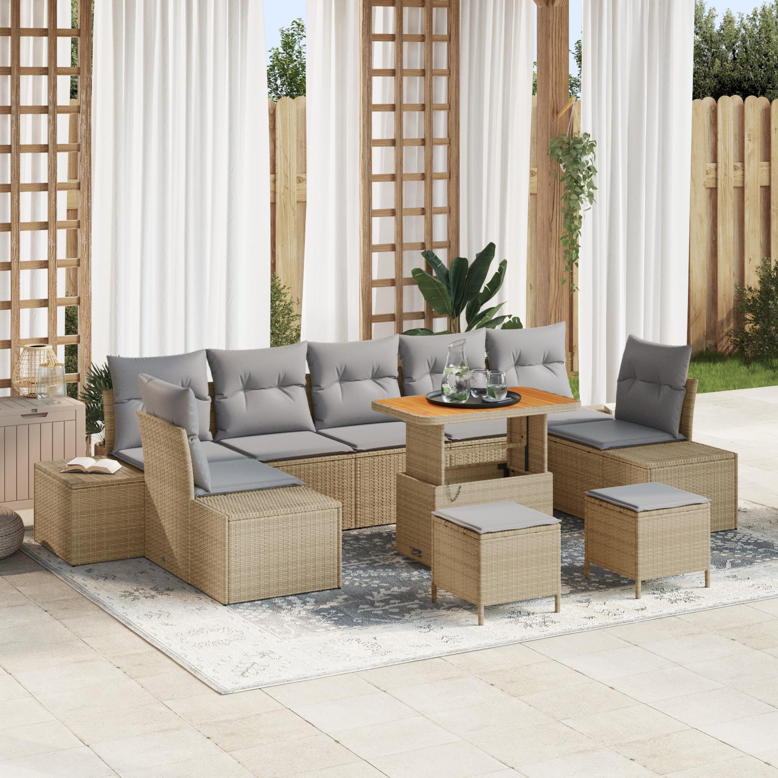 Havesofa sæt i beige polyrattan - 10 dele med højdejusterbart bord