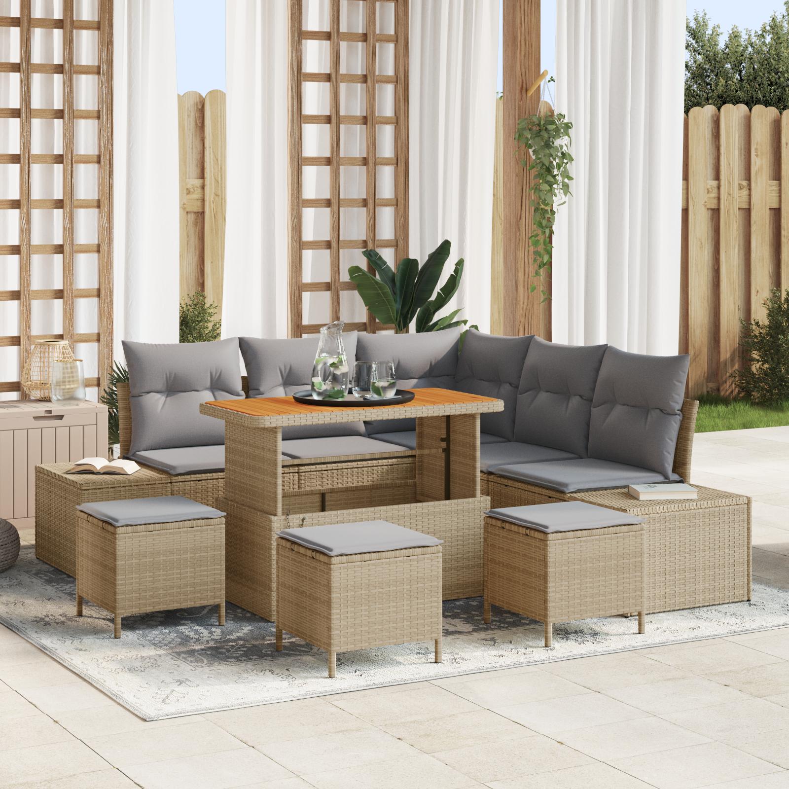 Havesofa Sæt Med Pude 8 Dele Polyrattan - Beige / Lysegrå / 110 cm bordlængde