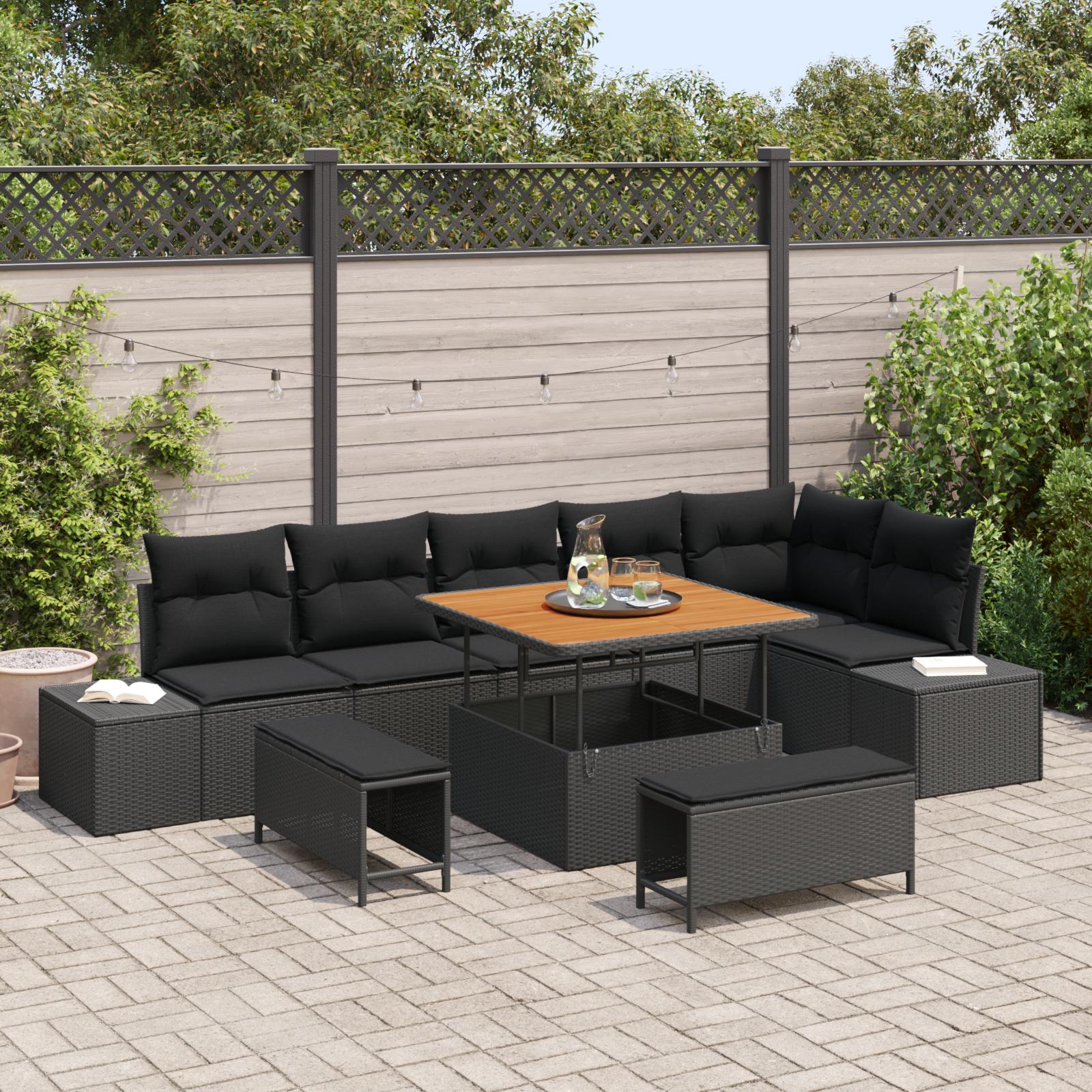 Havesofa sæt i sort polyrattan - 9 dele med højdejusterbart bord