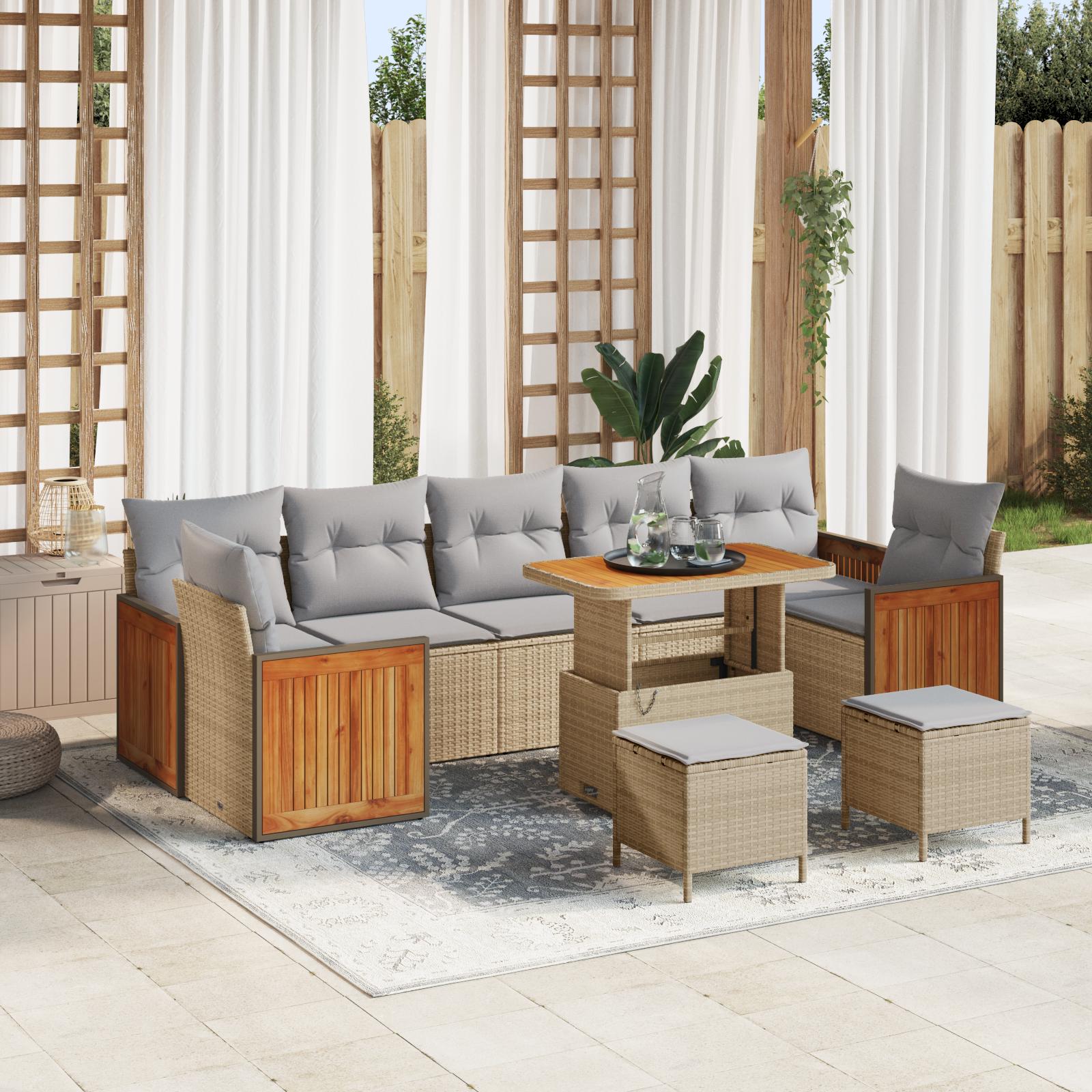 10 Stykker Have Sofa Sæt Med Pudebetræk Beige Poly Rattan Akacie 2-personers Have Sofa Med Pudebetræk Beige Poly Rattan 3 Stykker Have Spisestue Sæt Med Pudebetræk Beige Poly Rattan Akacie