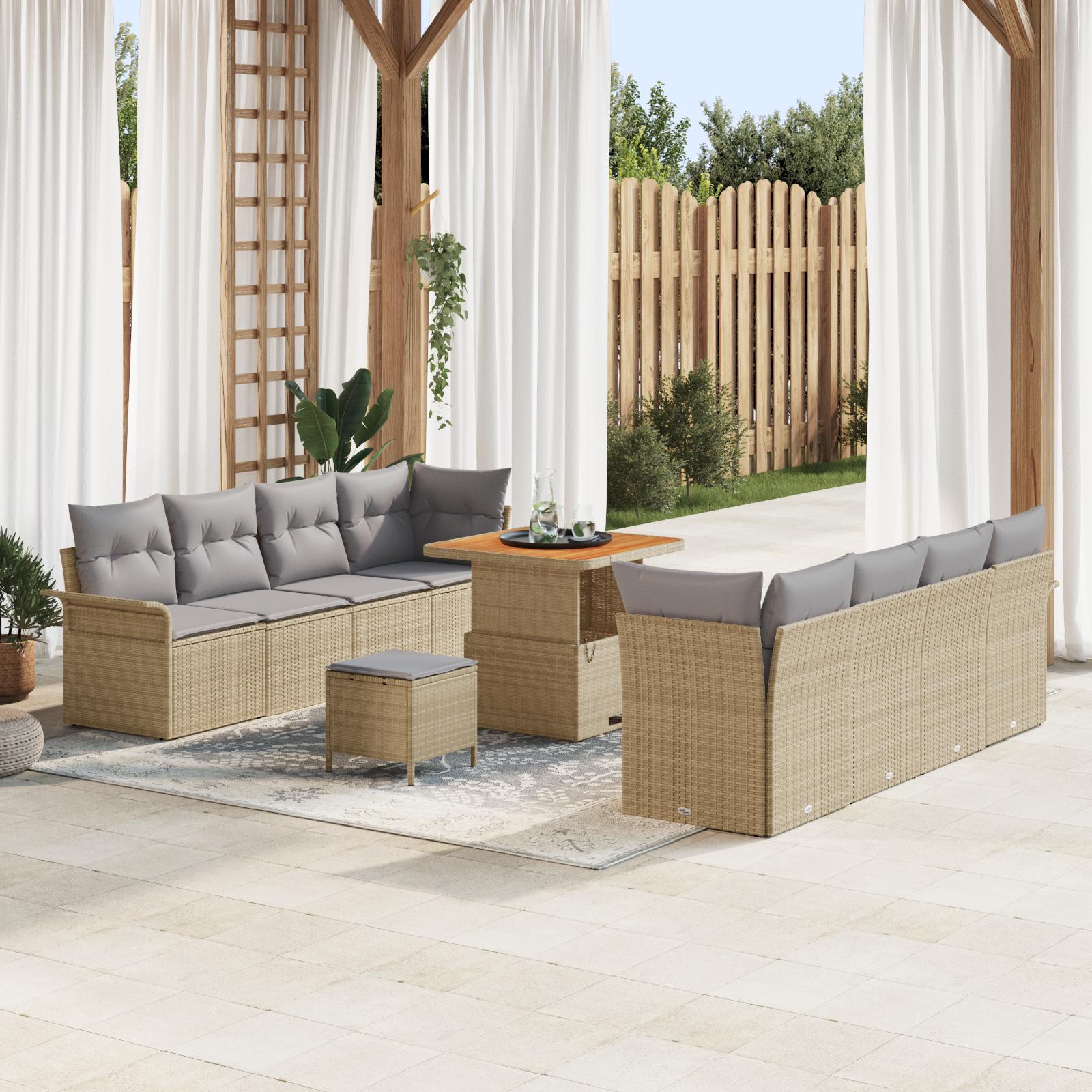 11 Stykker Havemøbel Sofa Sæt Med Pudebetræk Beige Poly Rattan Akacie 2-sæders Havemøbel Sofa Med Opbevaring & Pudebetræk Beige Poly Rattan 3 Stykker Havemøbel Dining Sæt Med Pudebetræk Beige Poly Rattan Akacie