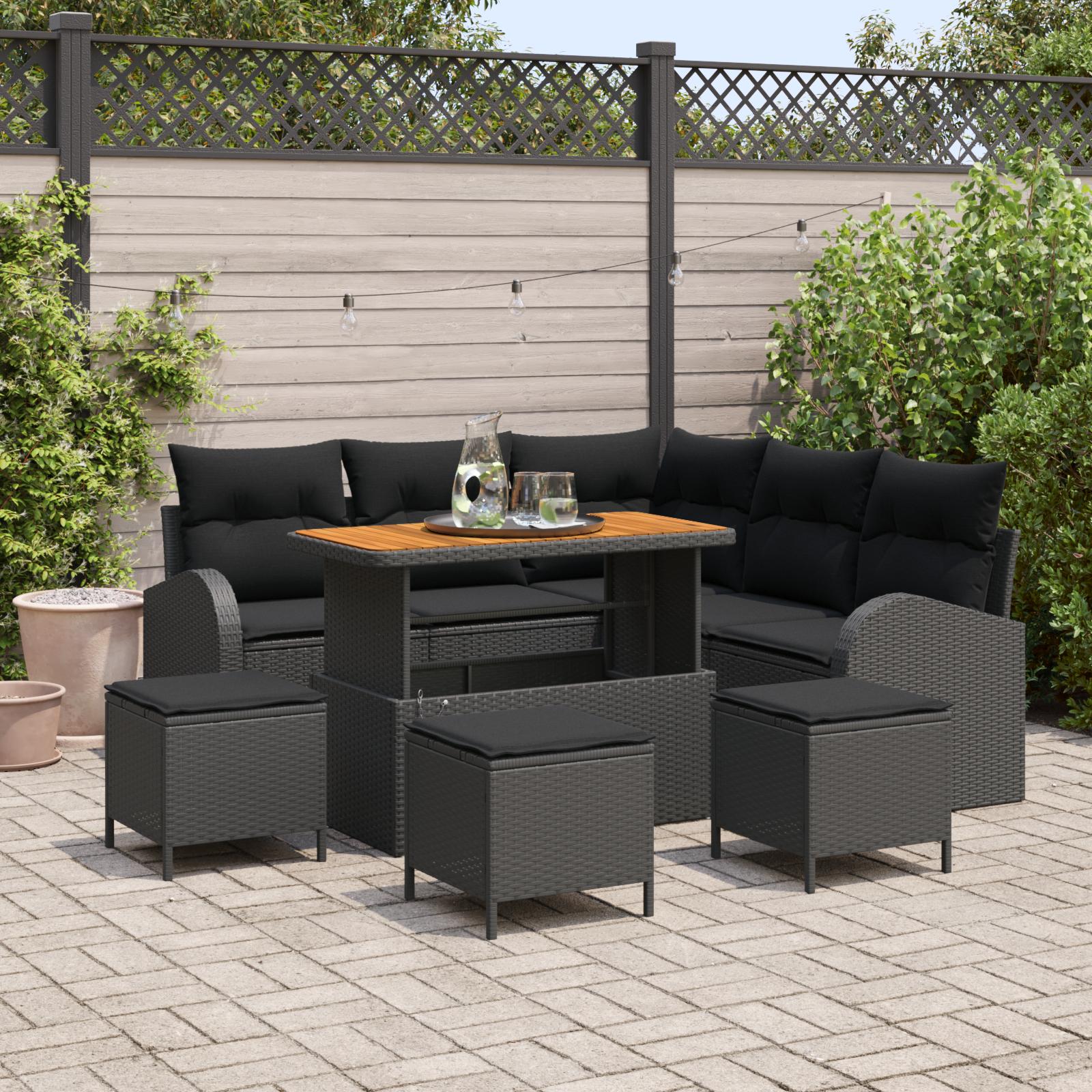 Havesofa Sæt med pude med pude 9 stk Sort 110 x 55 x 71 cm