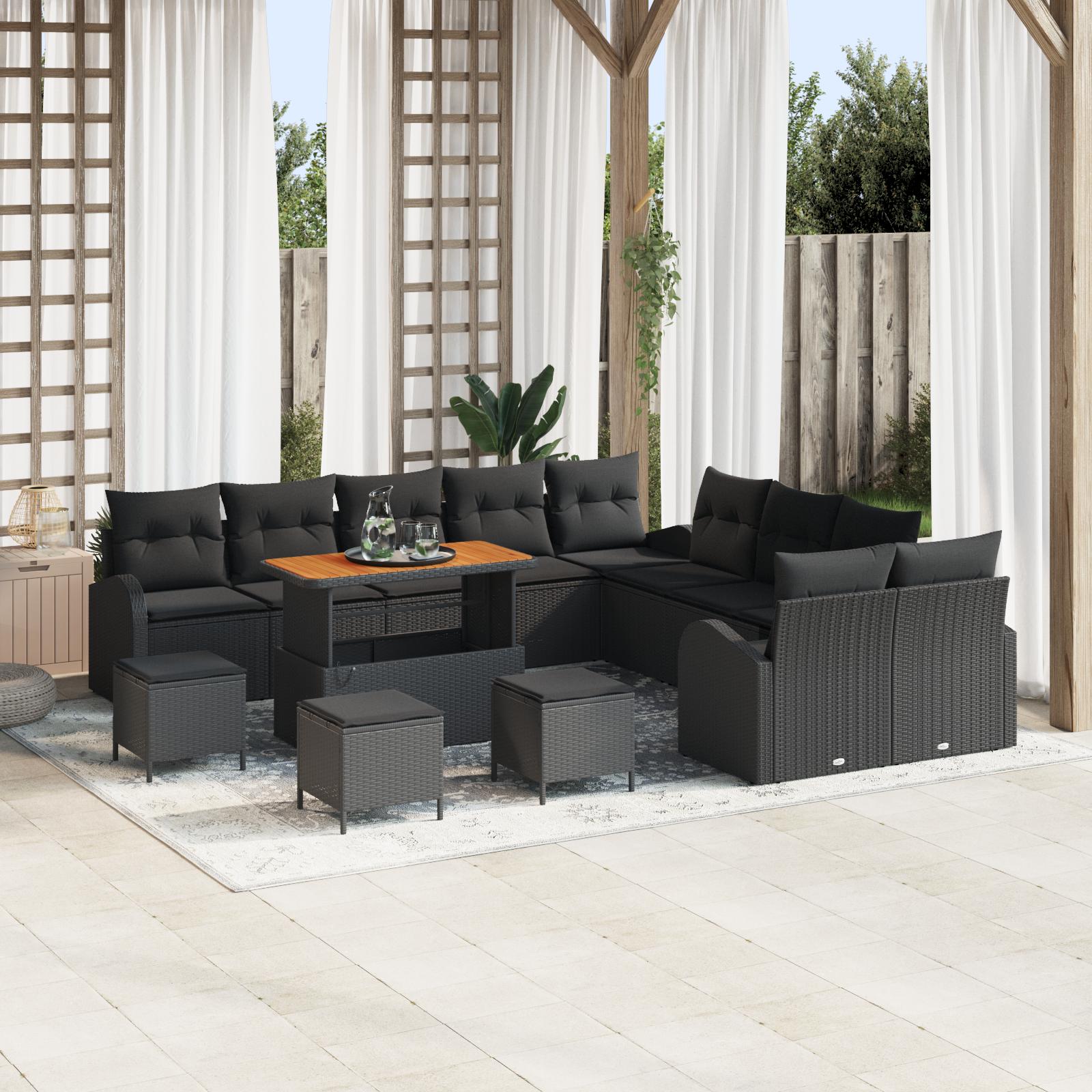 Havesofa Sæt 14 stk Sort Polyrattan, stål og massivt akacietræ
