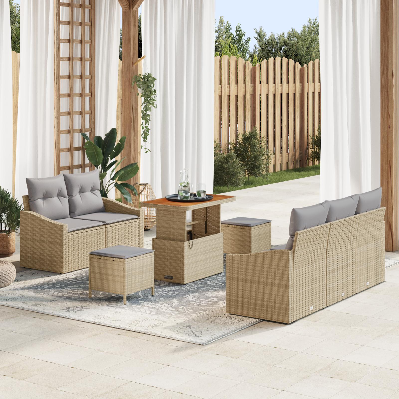 Rattan havesofa-sæt med opbevaring, 8 dele - beige/lys grå