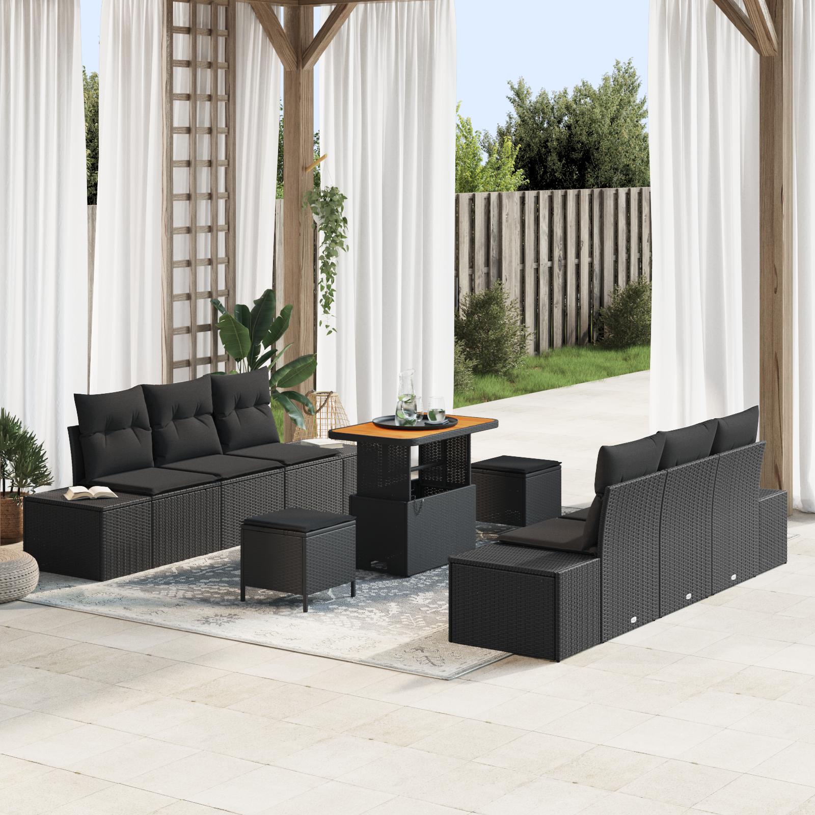 vidaXL Havesofa Sæt 9 stk. 8-Antal sæder Sort Poly rattan