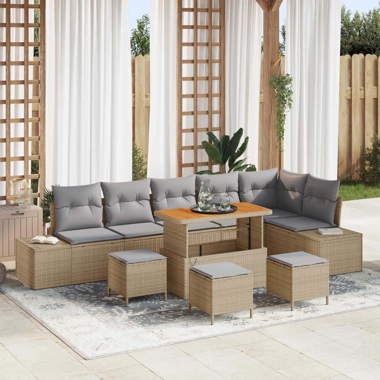 Havesofa-sæt med opbevaring, 10 dele - beige polyrattan med puder