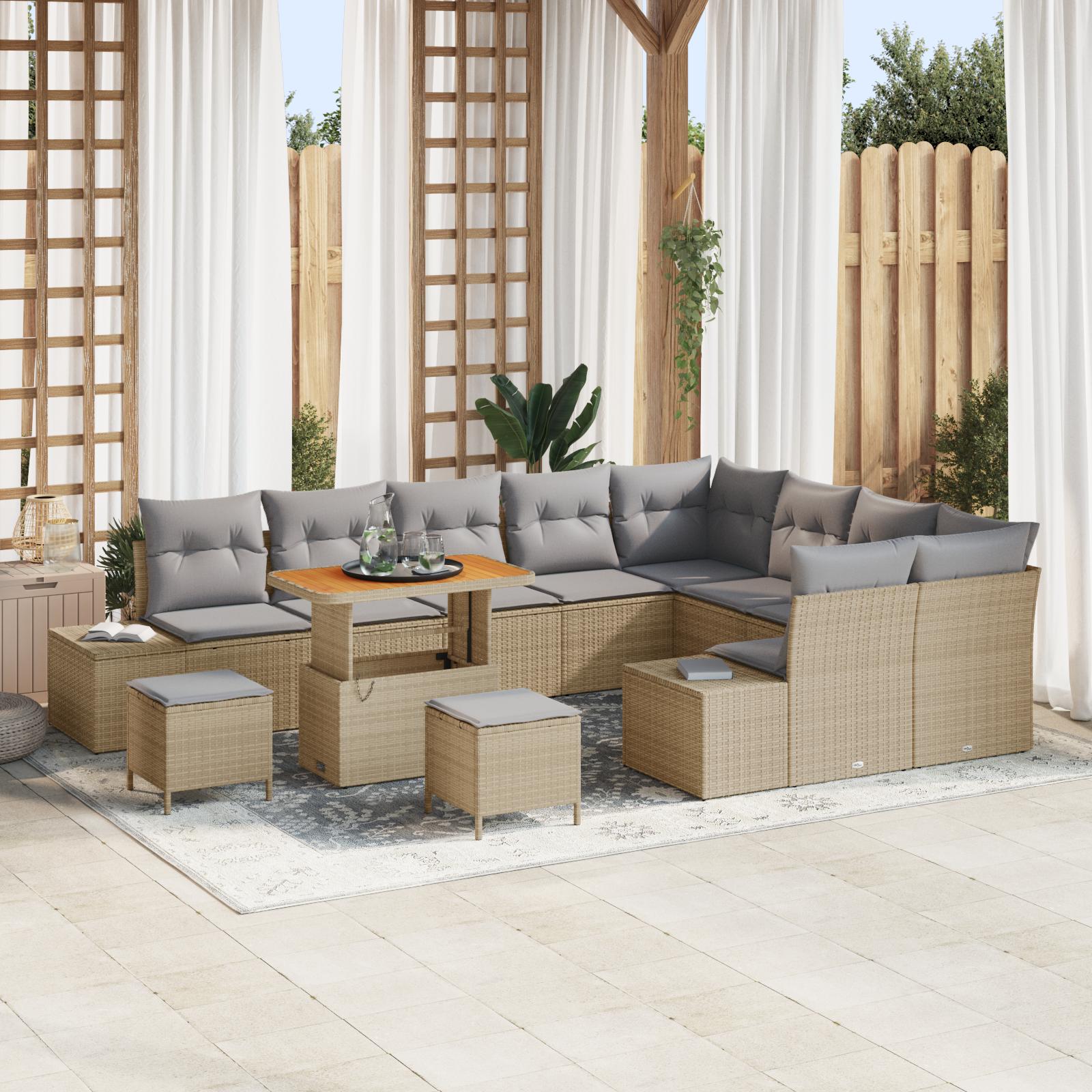 Havesofa Sæt Med Pude Med Opbevaring 12 Dele Poly Rattan - beige og lysegrå / 90 cm bordlængde