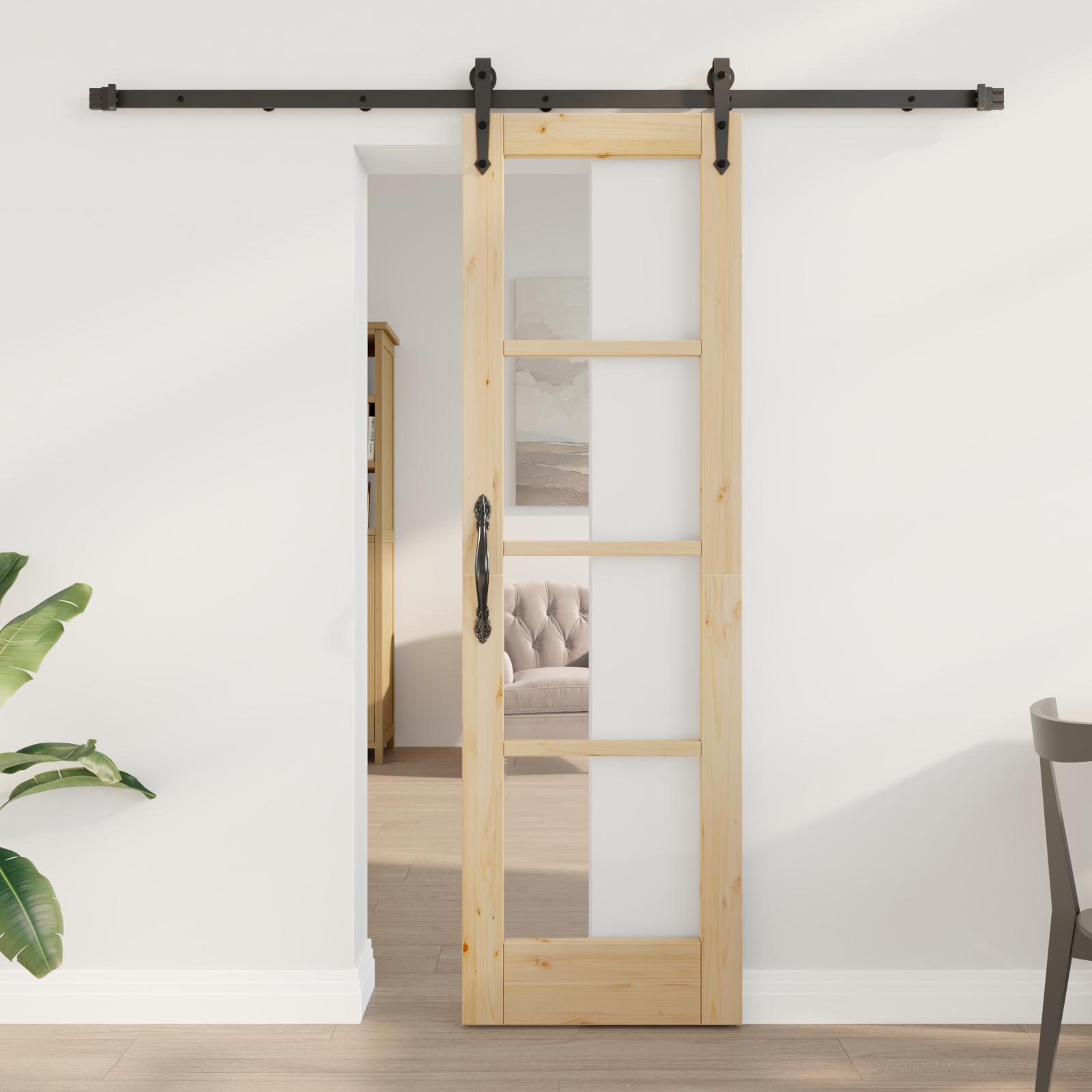 Skydedør i fyrretræ med glas - naturlig/sort 61 × 198,5 cm