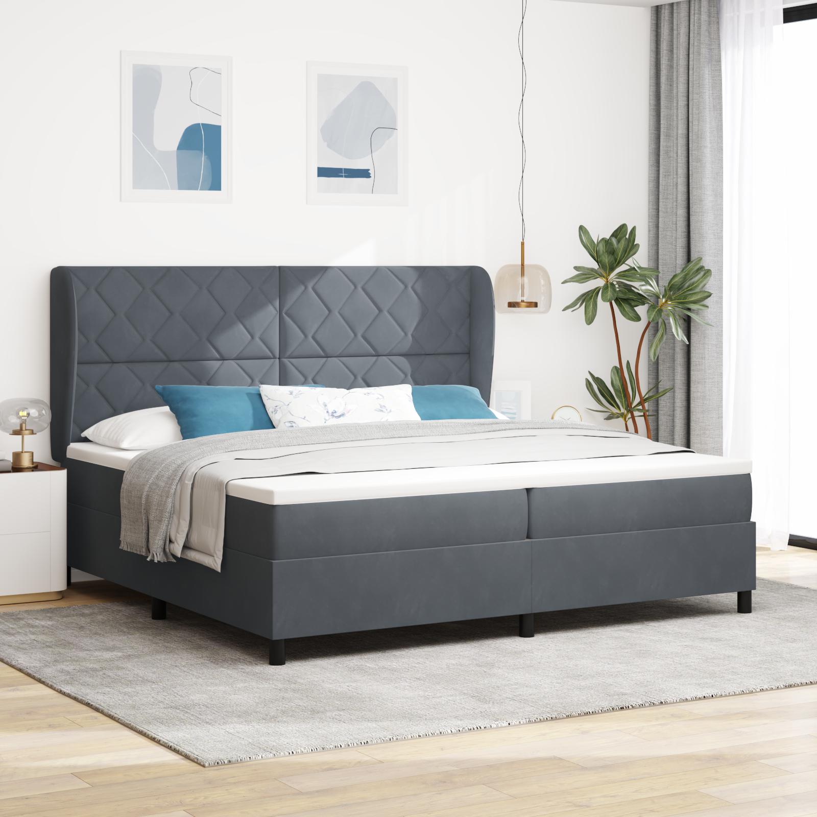 Box spring seng med hovedgærde Mørkegrå 200 x 200 cm Fløjl