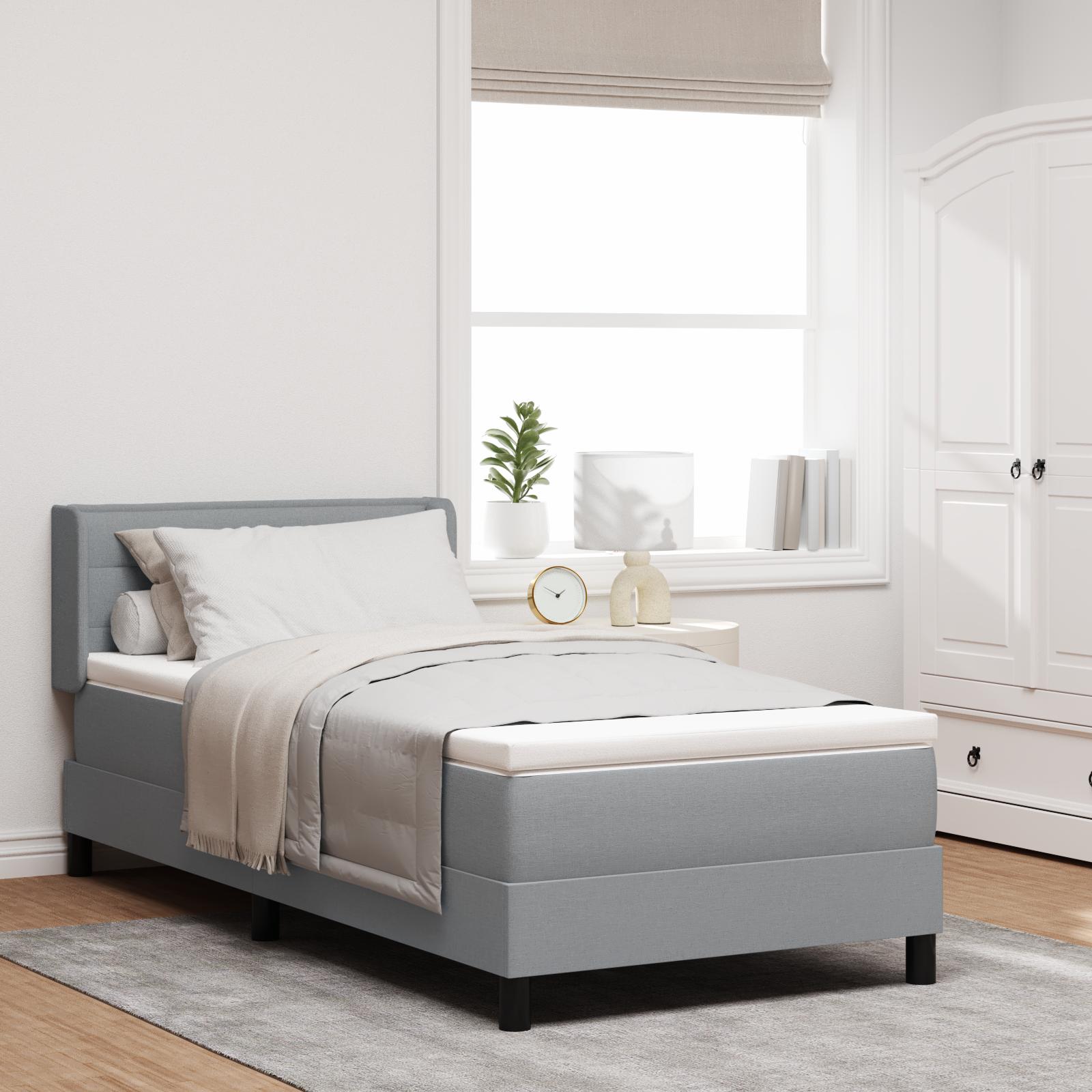 Boxmadras Med Topmadras Lysegrå 90 X 200 Cm Stof Og Ingeniørtræ