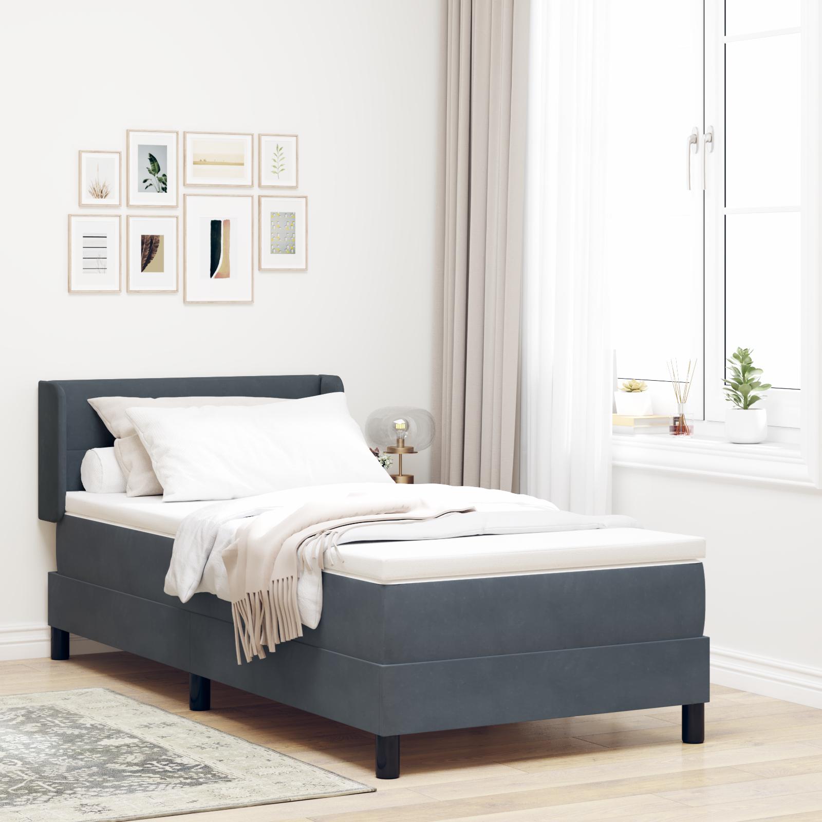 Boxmadras Med Madras Sort 100x200 Cm Fløjl Lysegrå 90 X 190 Cm - Mørkegrå / 90 x 190 cm / Knap tuftet
